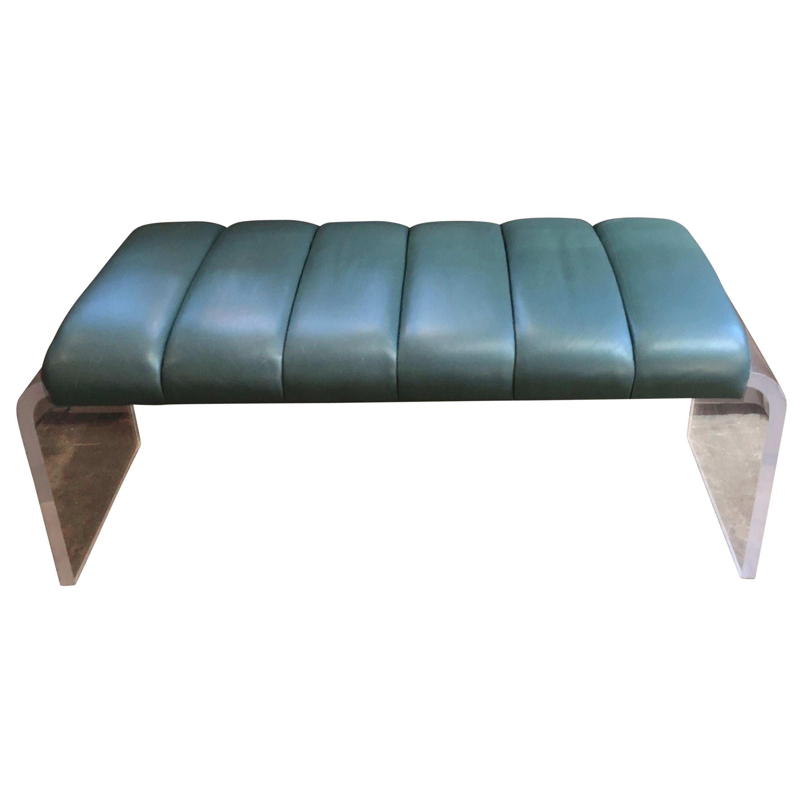 Mid-Century Modern Lucite Waterfall Bench with Leather Seat 