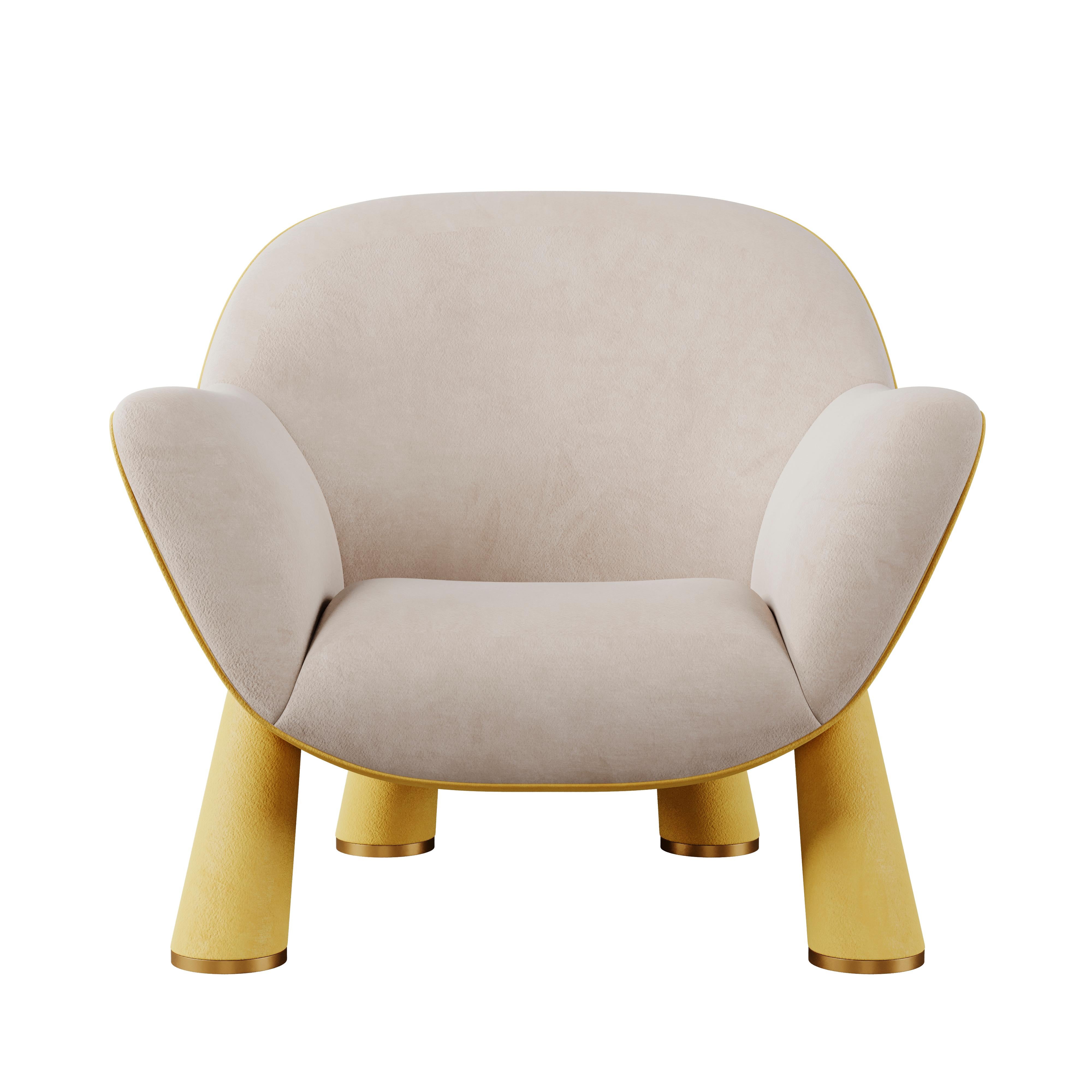 Portuguese Mid-Century Modern Lucy Armchair Walnut Wood Polished Brass Cotton Velvet For Sale