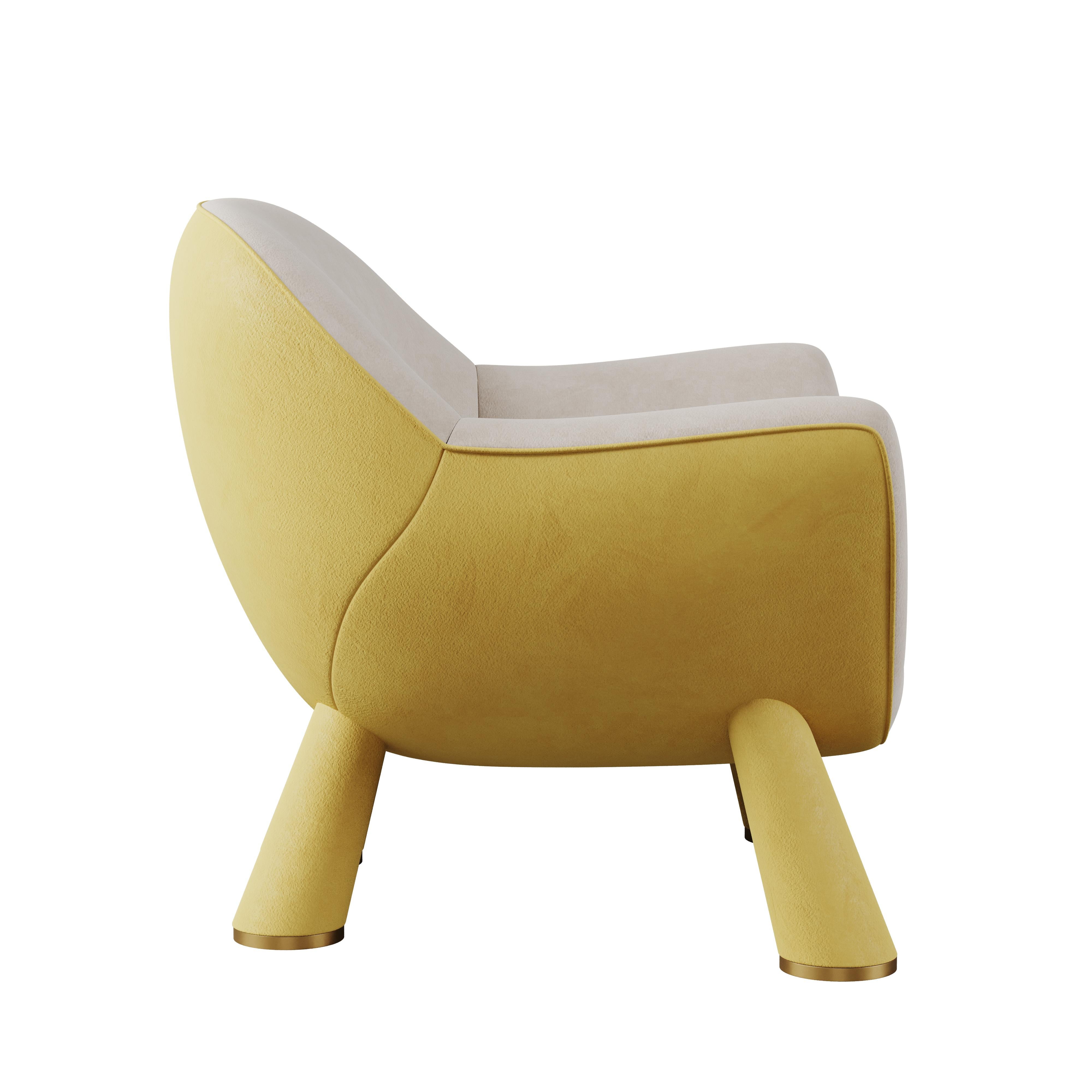 Contemporary Mid-Century Modern Lucy Armchair Walnut Wood Polished Brass Cotton Velvet For Sale