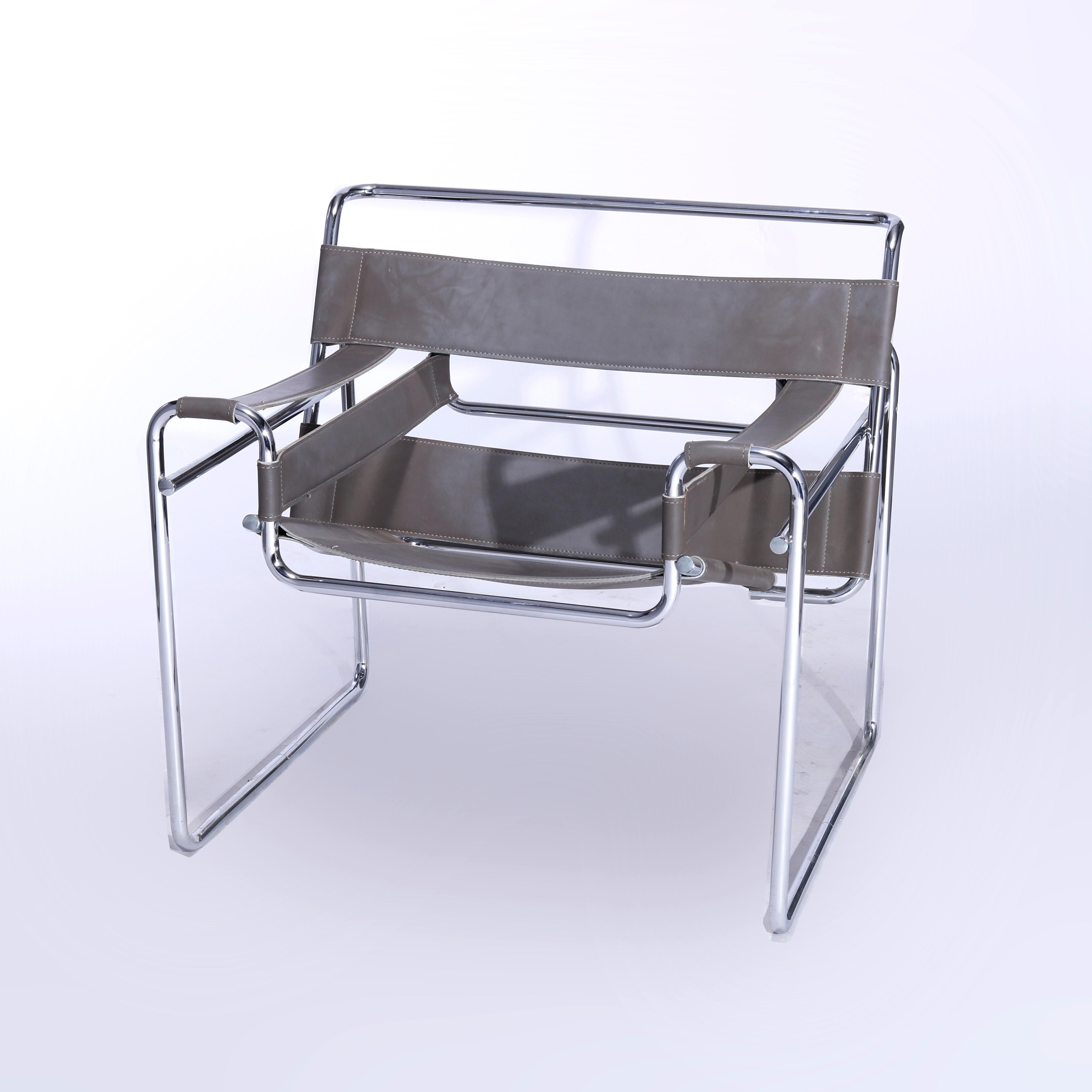 A Mid Century Modern Marcel Brewer Wassily chair offers chrome frame with upholstery sling back, seat and arms, elements of Ludwig Mies van der Rohe, 20th century

Measures - 28.75''H x 31''W x 27''D.