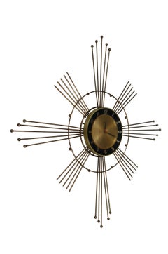 Mid Century Modern Lux Robert Shaw Fulton Brass Atomic Sunburst Wall Clock 28"