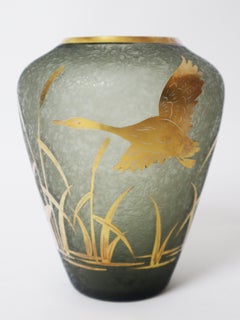 Mid-Century Modern Luxury Golden Vase With Wild Ducks And Reeds, Germany 1950s