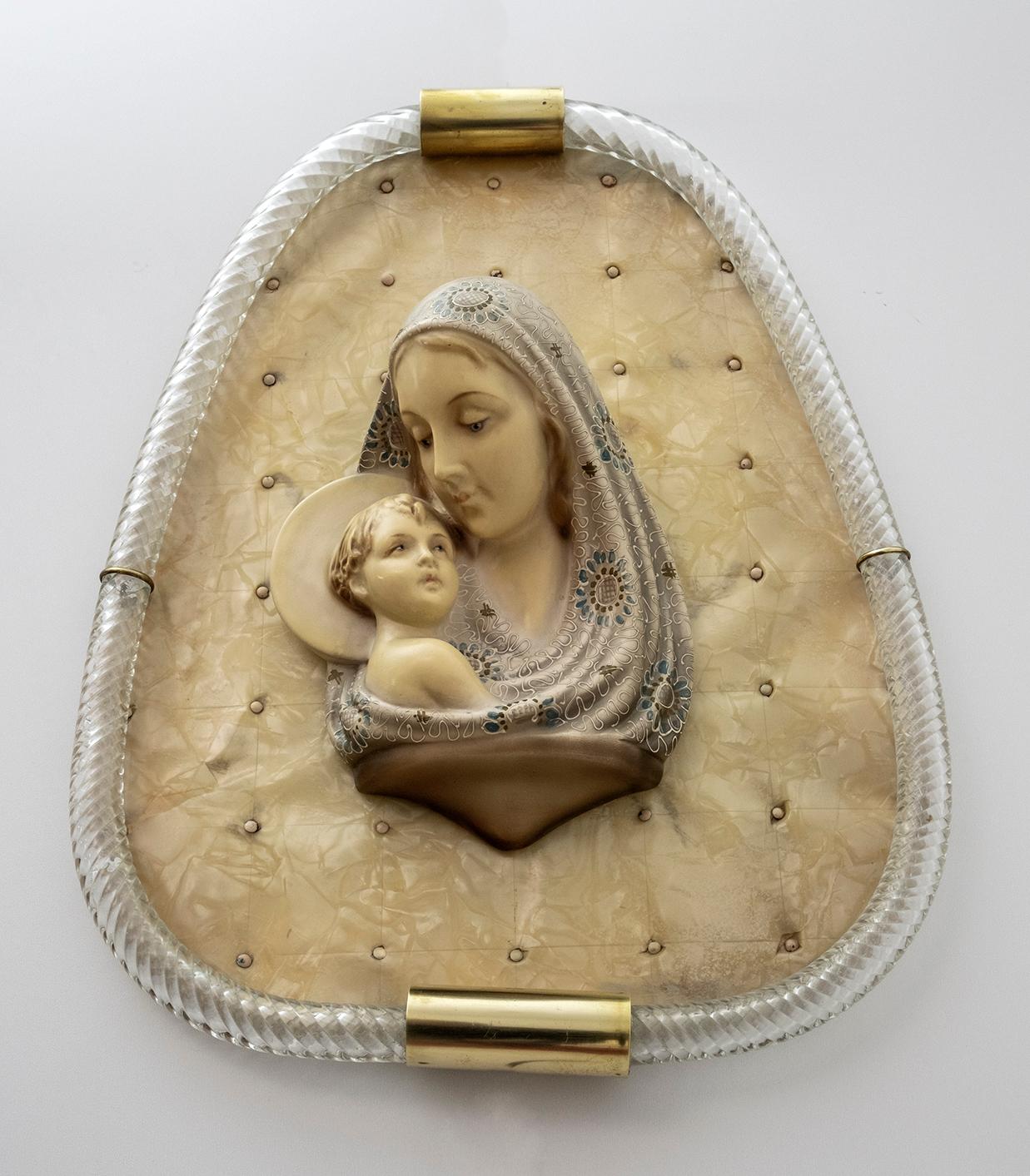 Mid-Century Modern Madonna with Child Murano Glass Torchon Frame by Venini, 50s For Sale 2