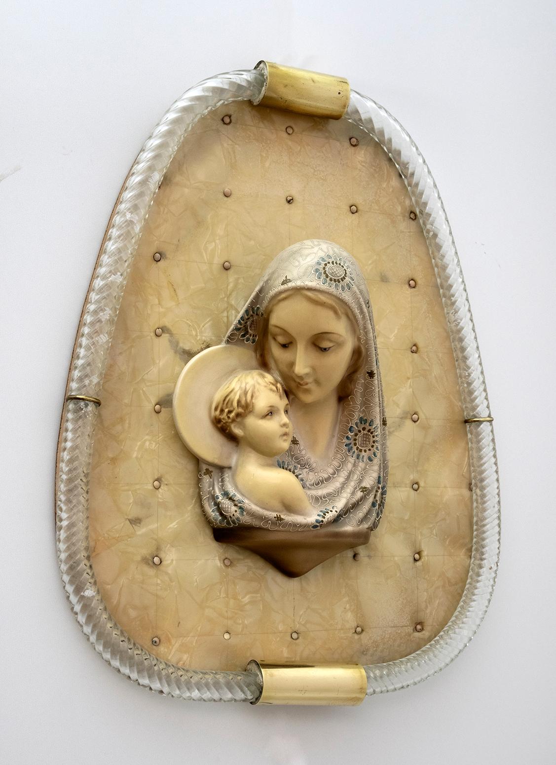 Mid-Century Modern Madonna mit Kind Murano Glas Torchon Rahmen von Venini, 50er Jahre (Moderne der Mitte des Jahrhunderts) im Angebot