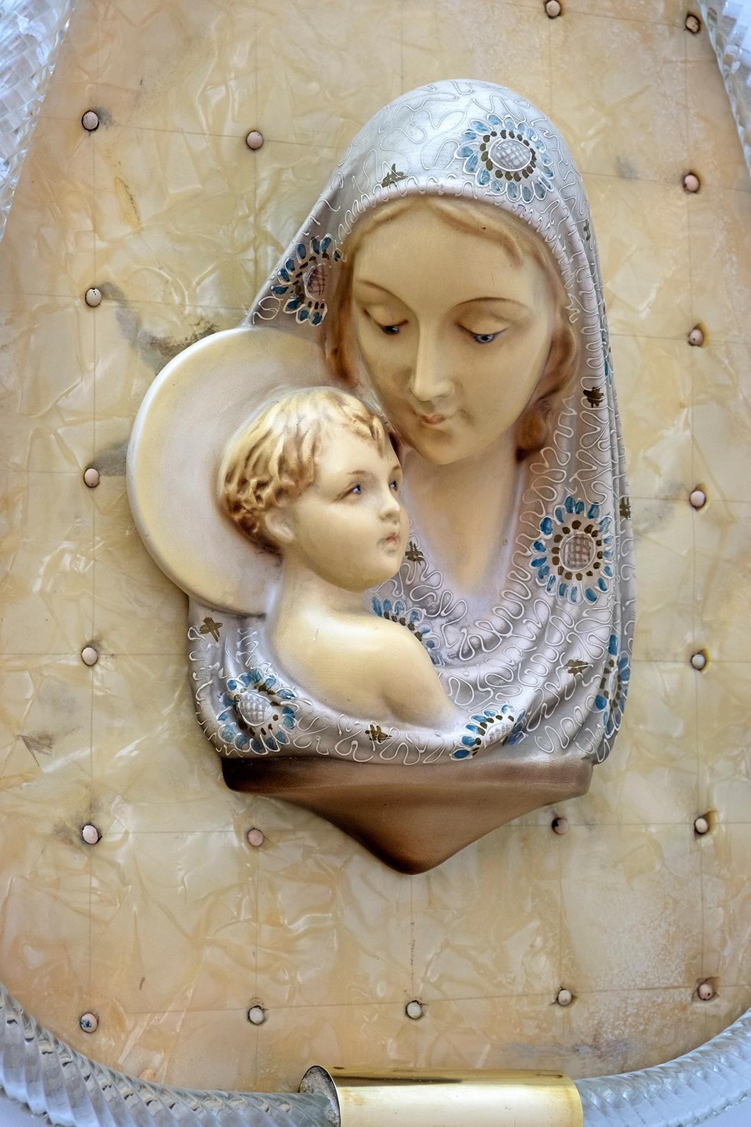 Mid-Century Modern Madonna mit Kind Murano Glas Torchon Rahmen von Venini, 50er Jahre (Italienisch) im Angebot