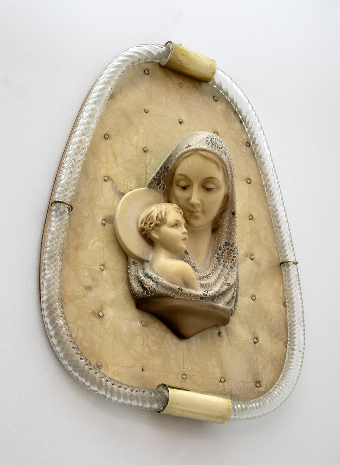 Mid-Century Modern Madonna with Child Murano Glass Torchon Frame by Venini, 50s For Sale 1