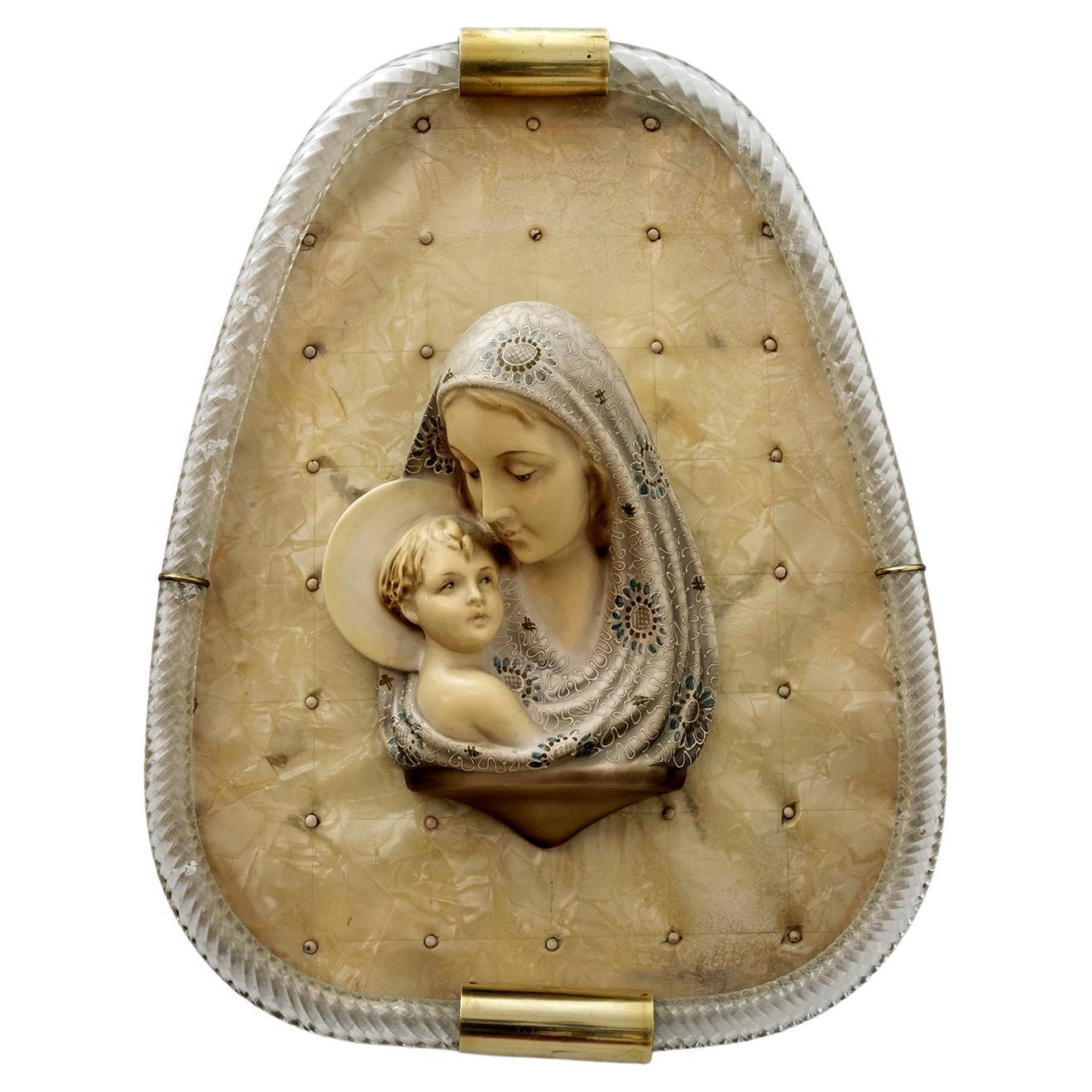 Mid-Century Modern Madonna with Child Murano Glass Torchon Frame by Venini, 50s For Sale