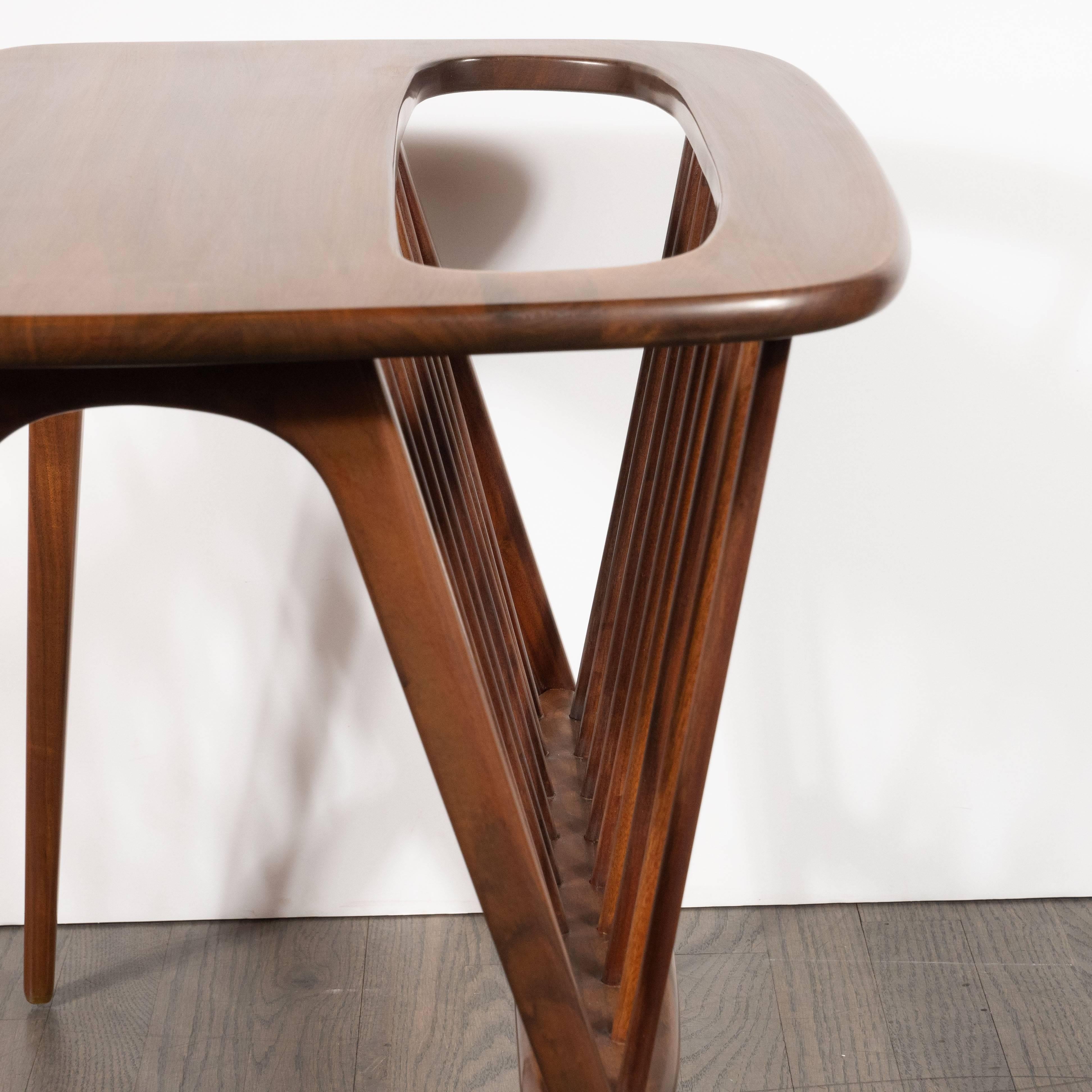 Mid-Century Modern Magazine Holder/ Side Table in Hand Rubbed Bookmatched Walnut In Excellent Condition In New York, NY