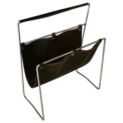 Mid-Century Magazine Rack by J. Adnet  Brown Leather and Chromed Steel 1970s