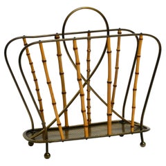 Mid-Century Modern Magazine Rack Made of Solid Brass and Genuine Bamboo Sticks