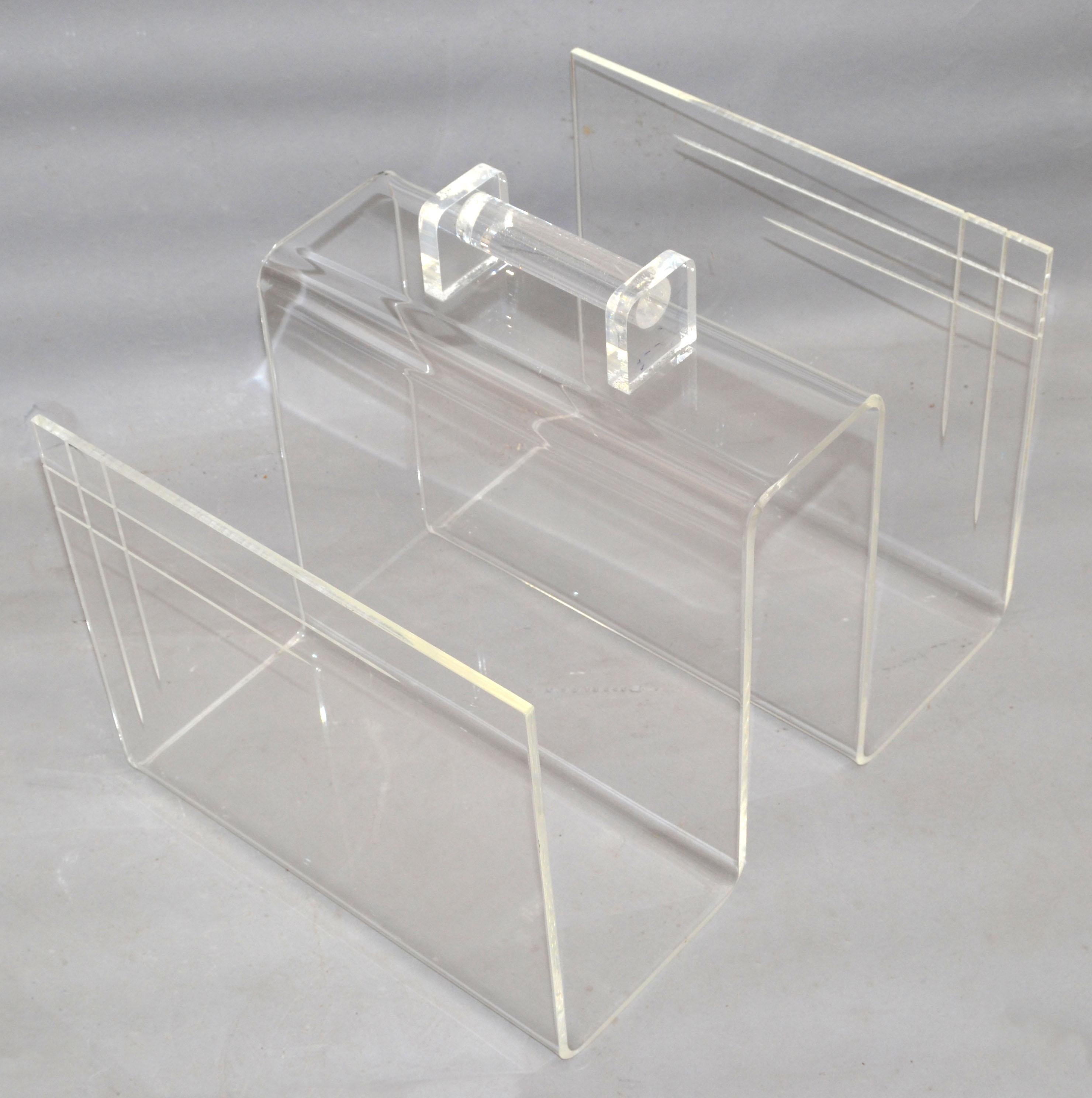 20th Century Mid-Century Modern Magazine Rack Newspaper Stand Etched Lucite 1970 For Sale