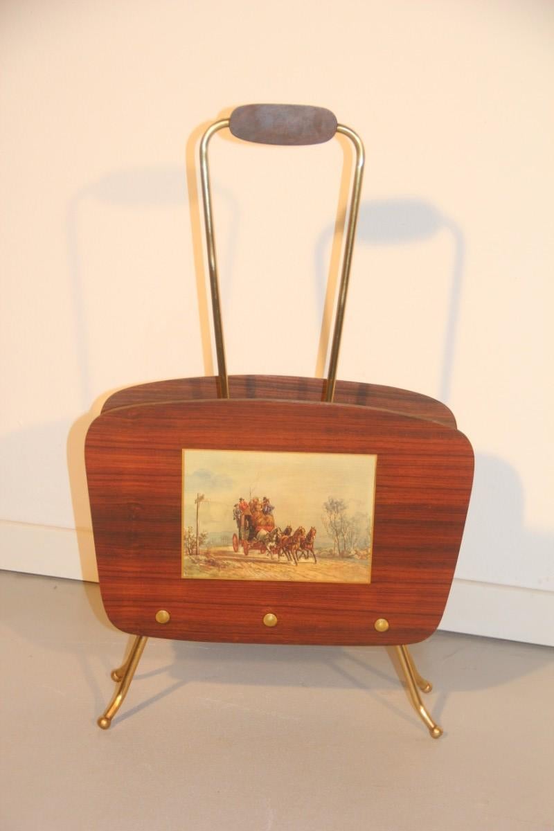 Mid-Century Modern Magazine Rack Rosewood with Classic Scenes Brass Sculpture In Good Condition For Sale In Palermo, Sicily