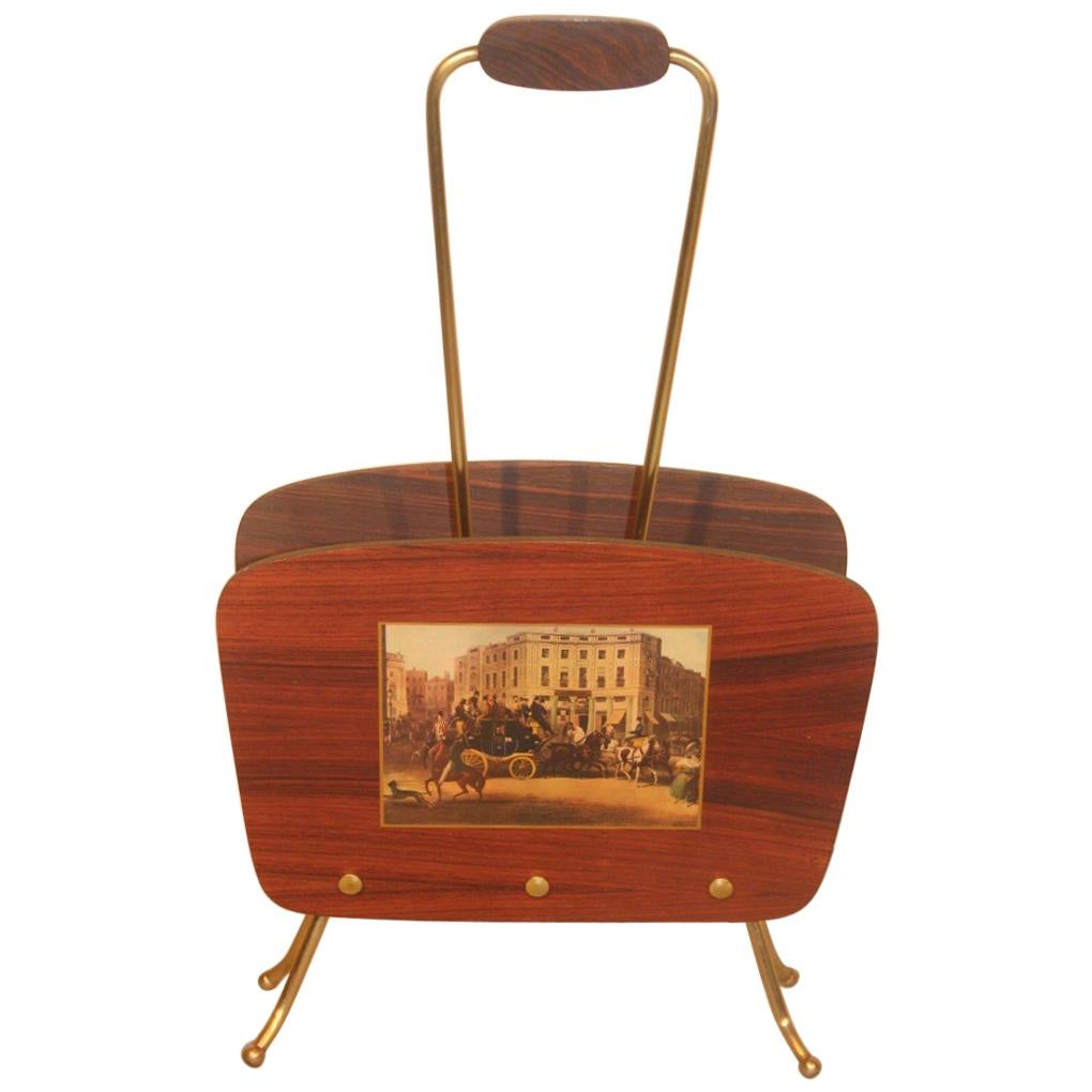 Mid-Century Modern Magazine Rack Rosewood with Classic Scenes Brass Sculpture For Sale