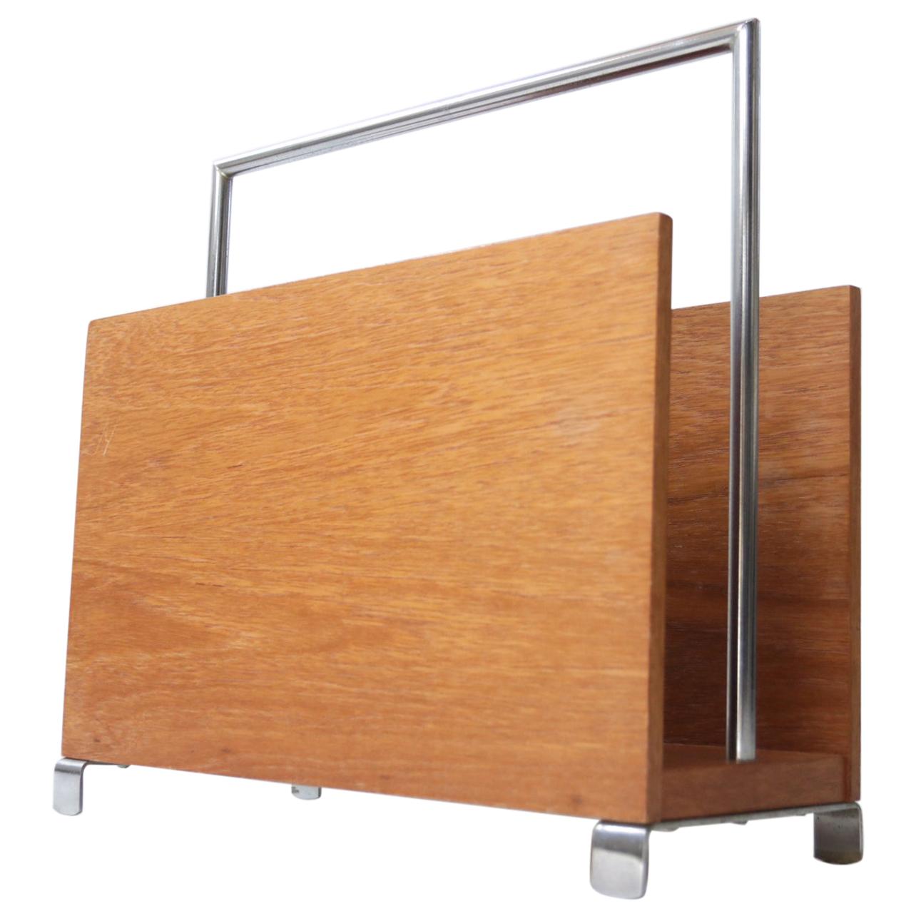 Mid-Century Modern Magazine Rack Teak Chrome, 60's