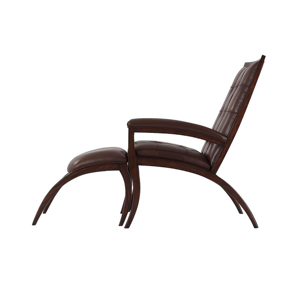 Mid-Century Modern leather armchair and footrest, a mahogany frame with button tufted leather backrest, and an arched style seat and footrest. 

Dimensions: 26.75