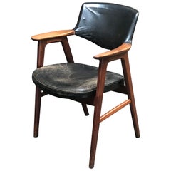 Mid-Century Modern Mahogany Arm or Desk Chair Upholstered in Black Leather  