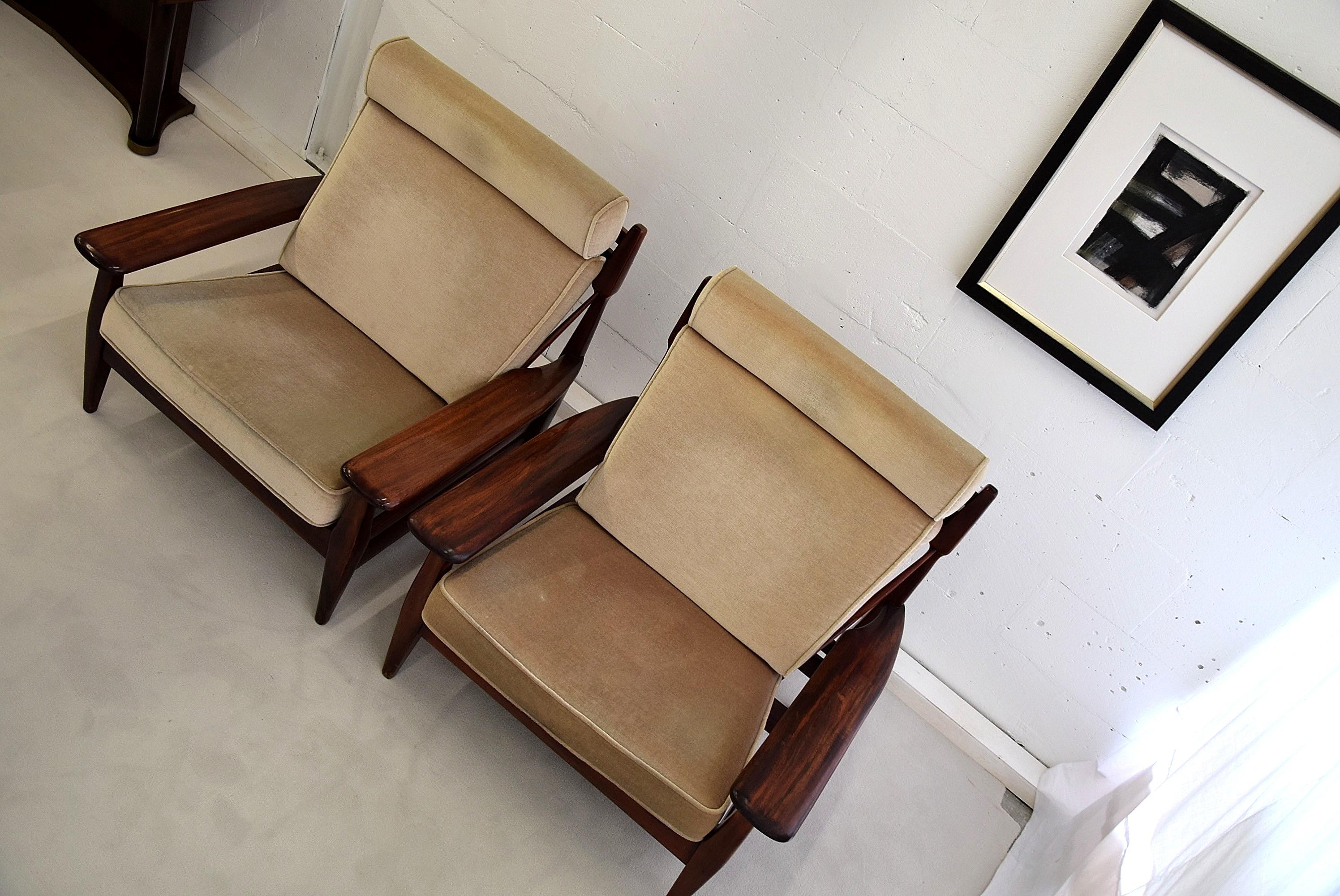 Mohair Brazilian Mid-Century Modern Wooden Armchairs in the Style of Jean Gillon