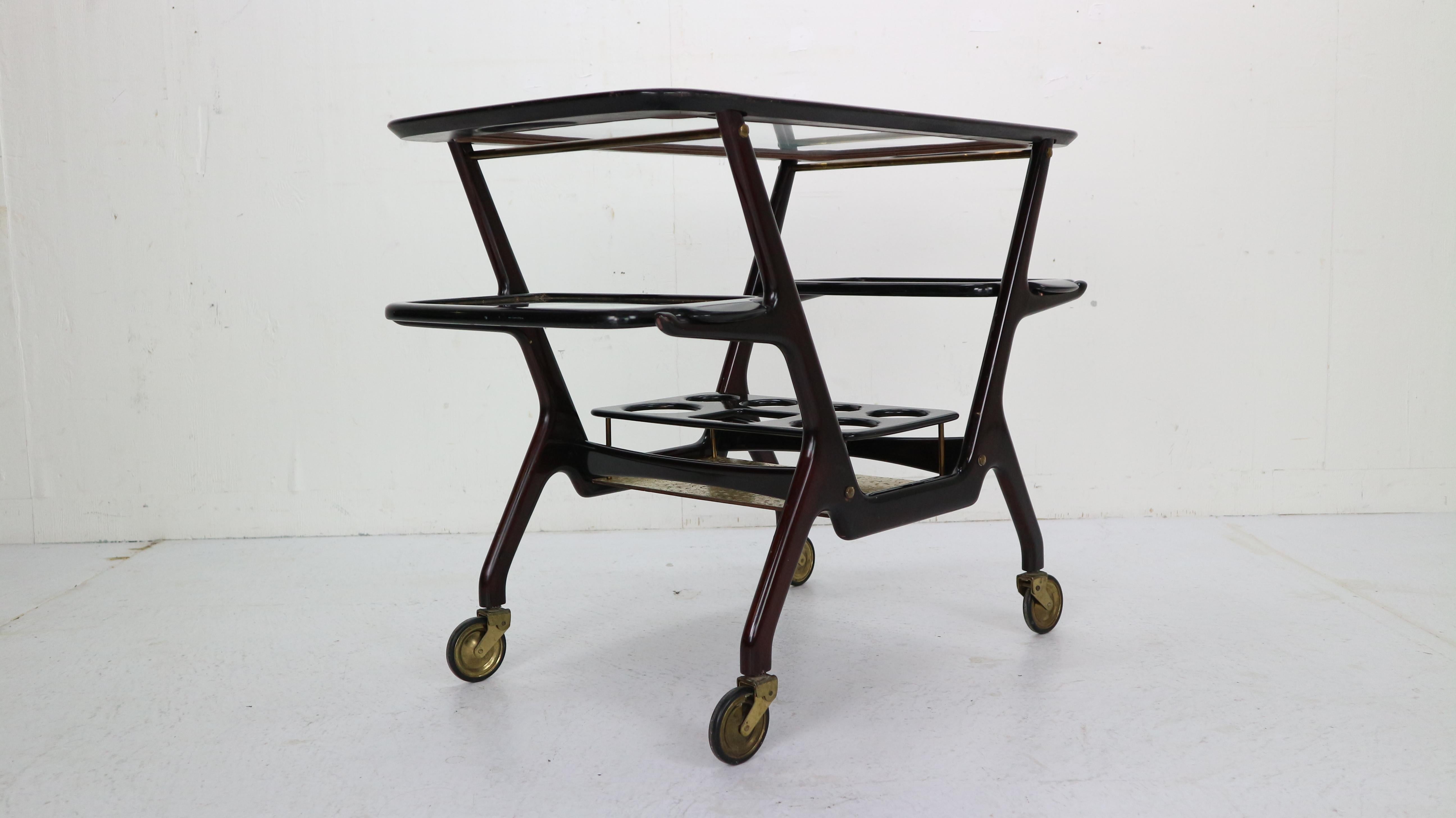 Brass Mid-Century Modern Mahogany Bar Cart/Trolly by Cesare Lacca for Cassina, 1950s