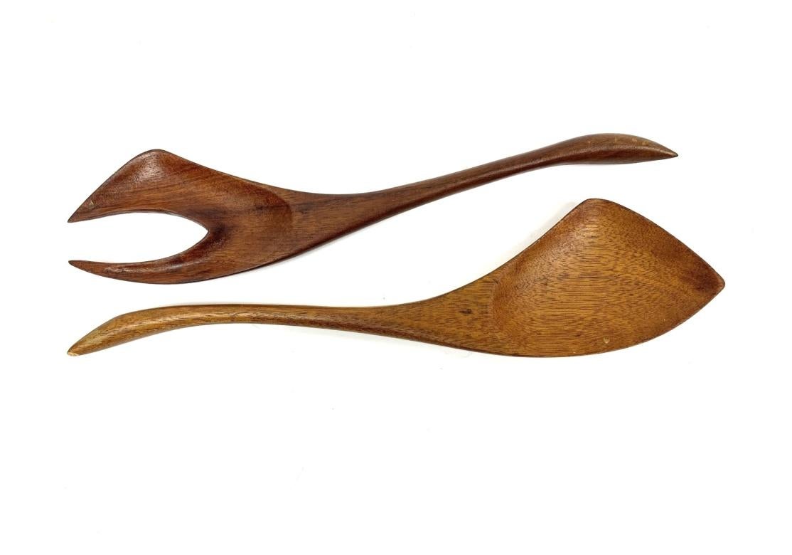 Hand-Carved Mid Century Modern Mahogany Bowl With Utensils Attrib. Arthur Umanoff For Sale