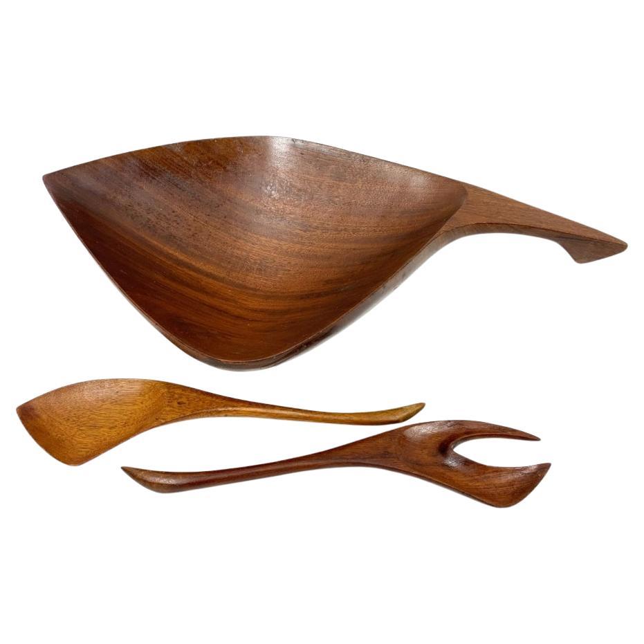 Mid Century Modern Mahogany Bowl With Utensils Attrib. Arthur Umanoff