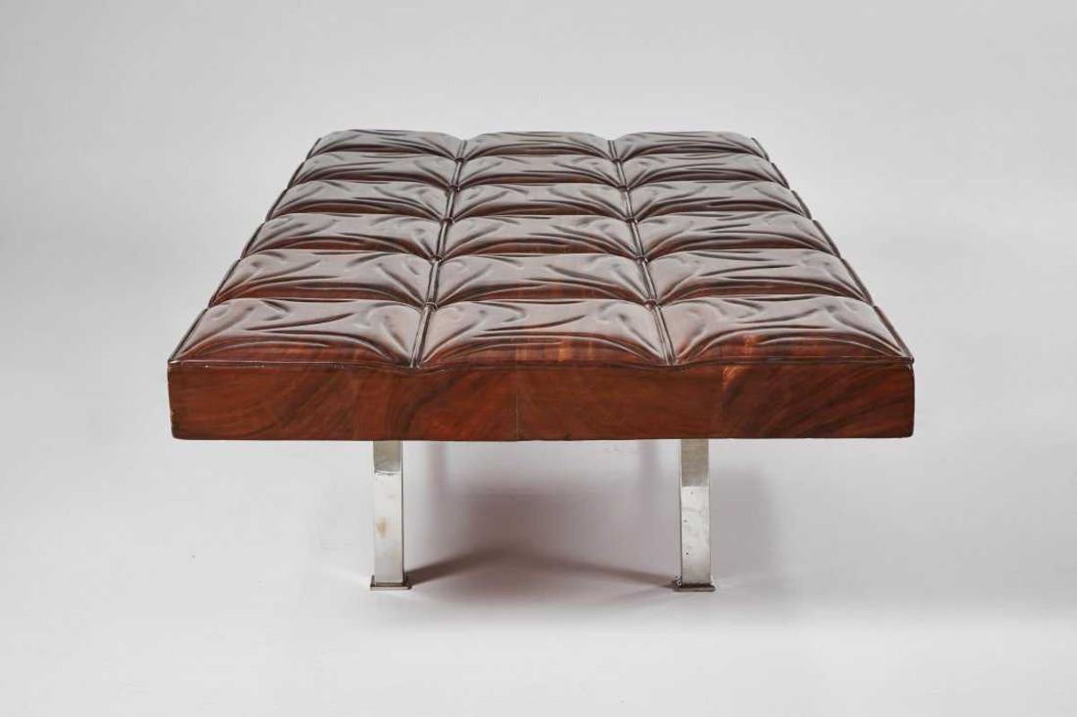 Mahogany and chrome hand carved gallery bench, 1970s.

Measures: 17 H x 77 W x 35 D inches.
   