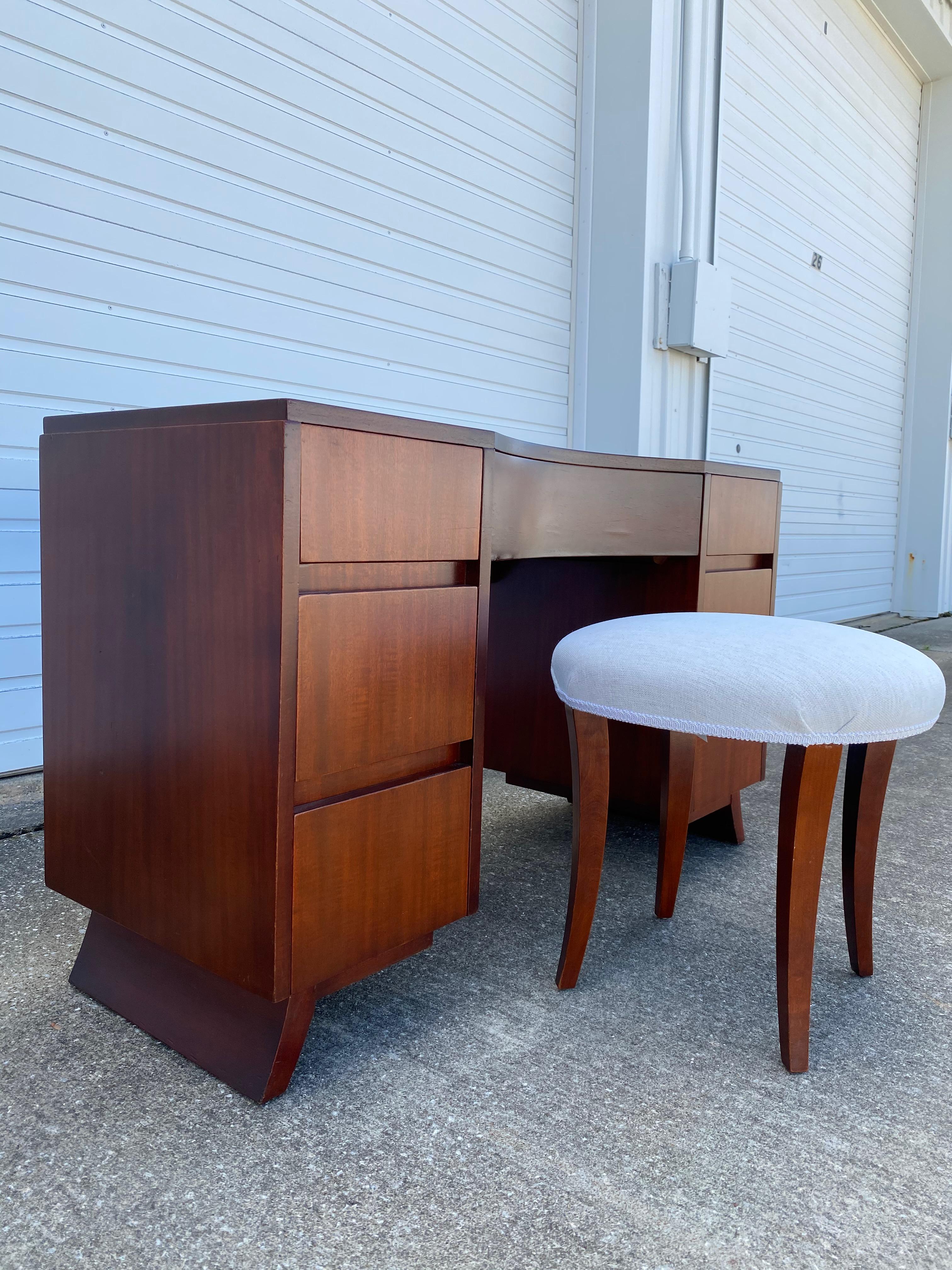 Mid-Century Modern Mahogany Vanity Desk with Stool by RWAY Furniture Co 9