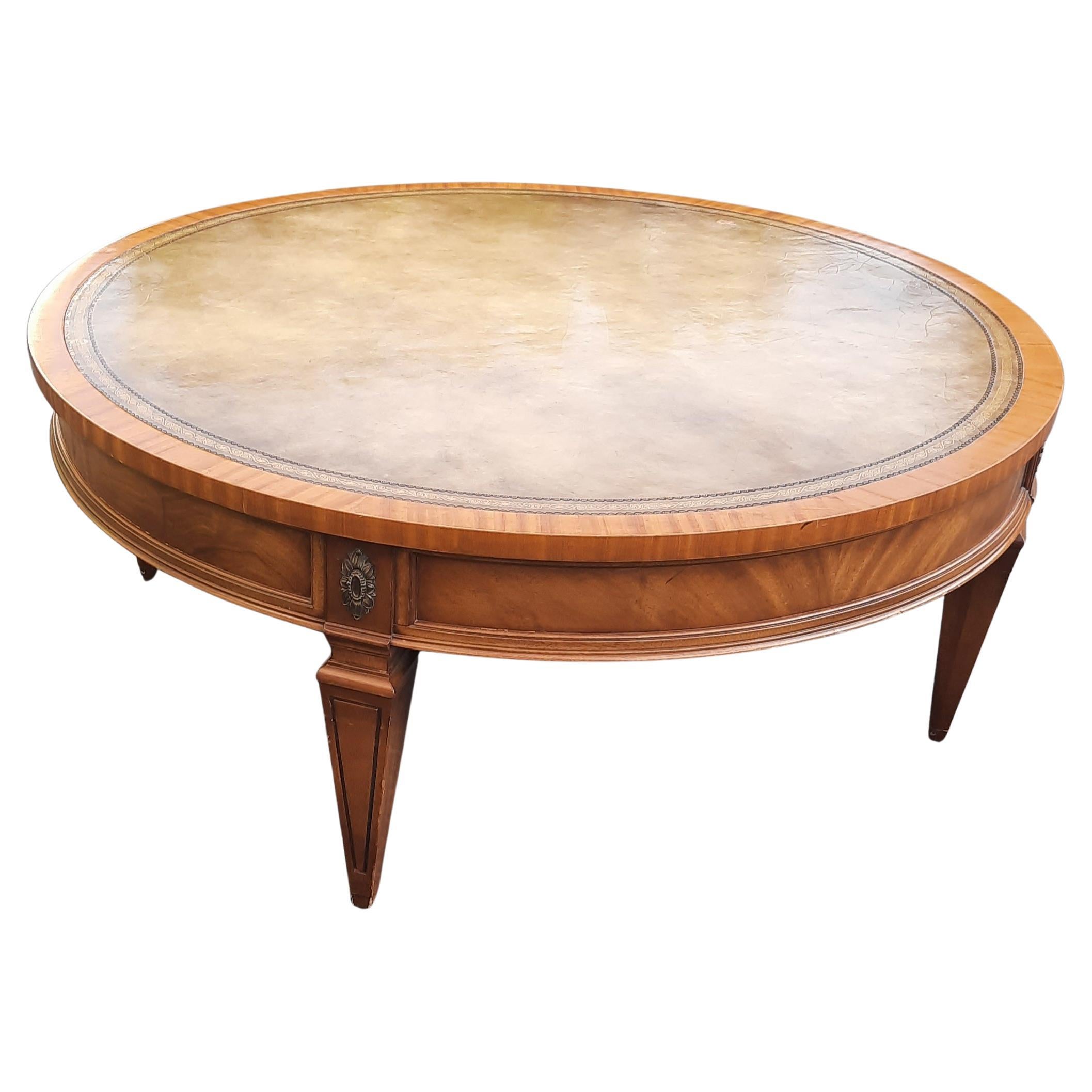 Mid-Century Modern Mahogany with Stenciled Leather Top Round Coffee Table For Sale