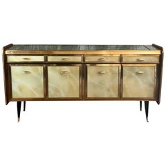 Mid-Century Modern Mahogany Wood, Brass & Green Artistic Murano Glass Credenza