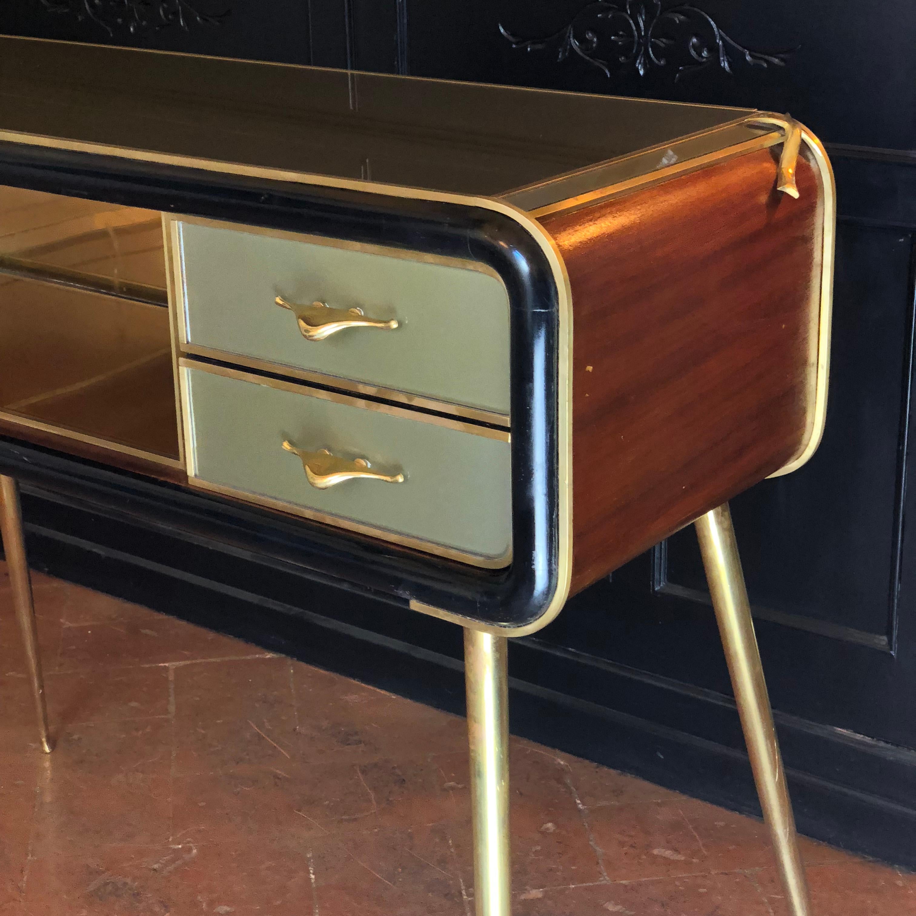 Italian Mid-Century Modern Mahogany Wood, Green Glass with Brass Legs & Details Console
