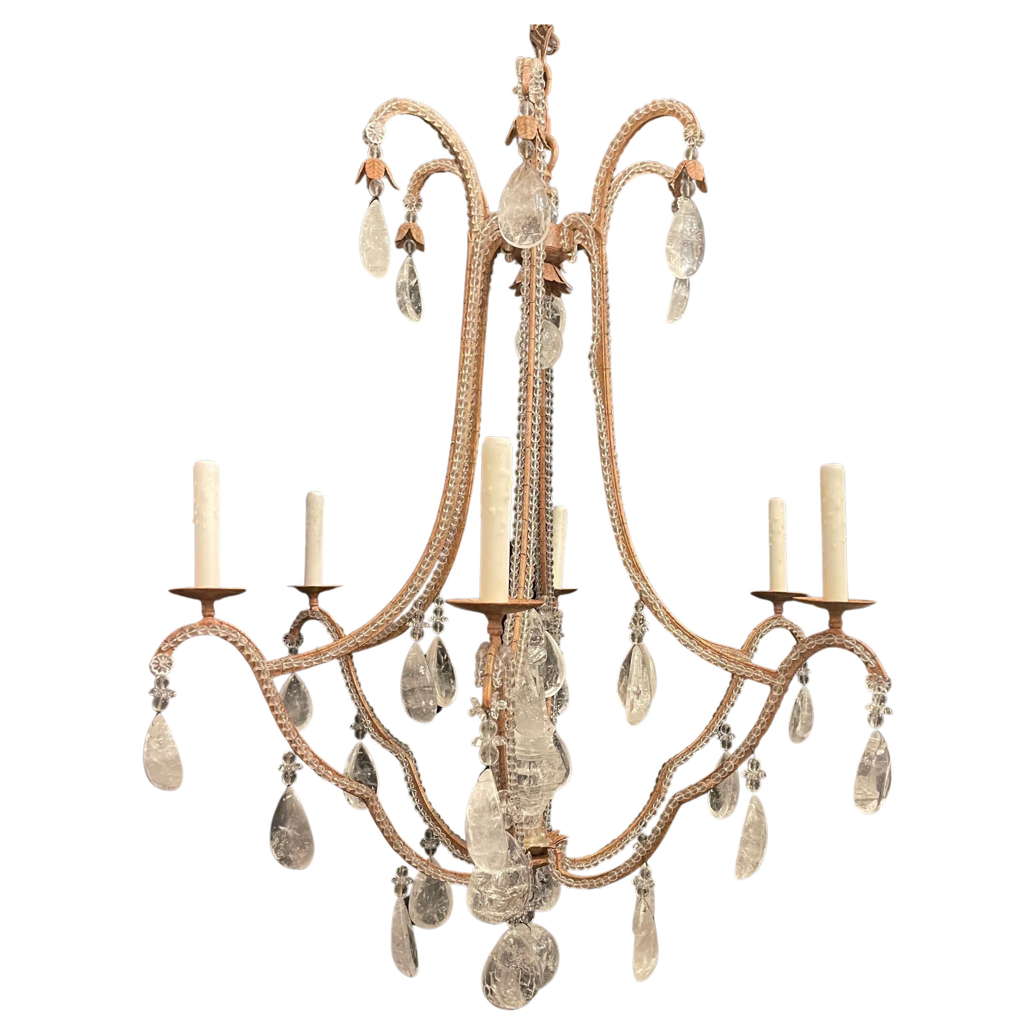 A Mid-Century Modern Maison Baguès Style Gold Gilt Iron With Beaded Body Leading To Rock Crystal Drops And In The Center A 12