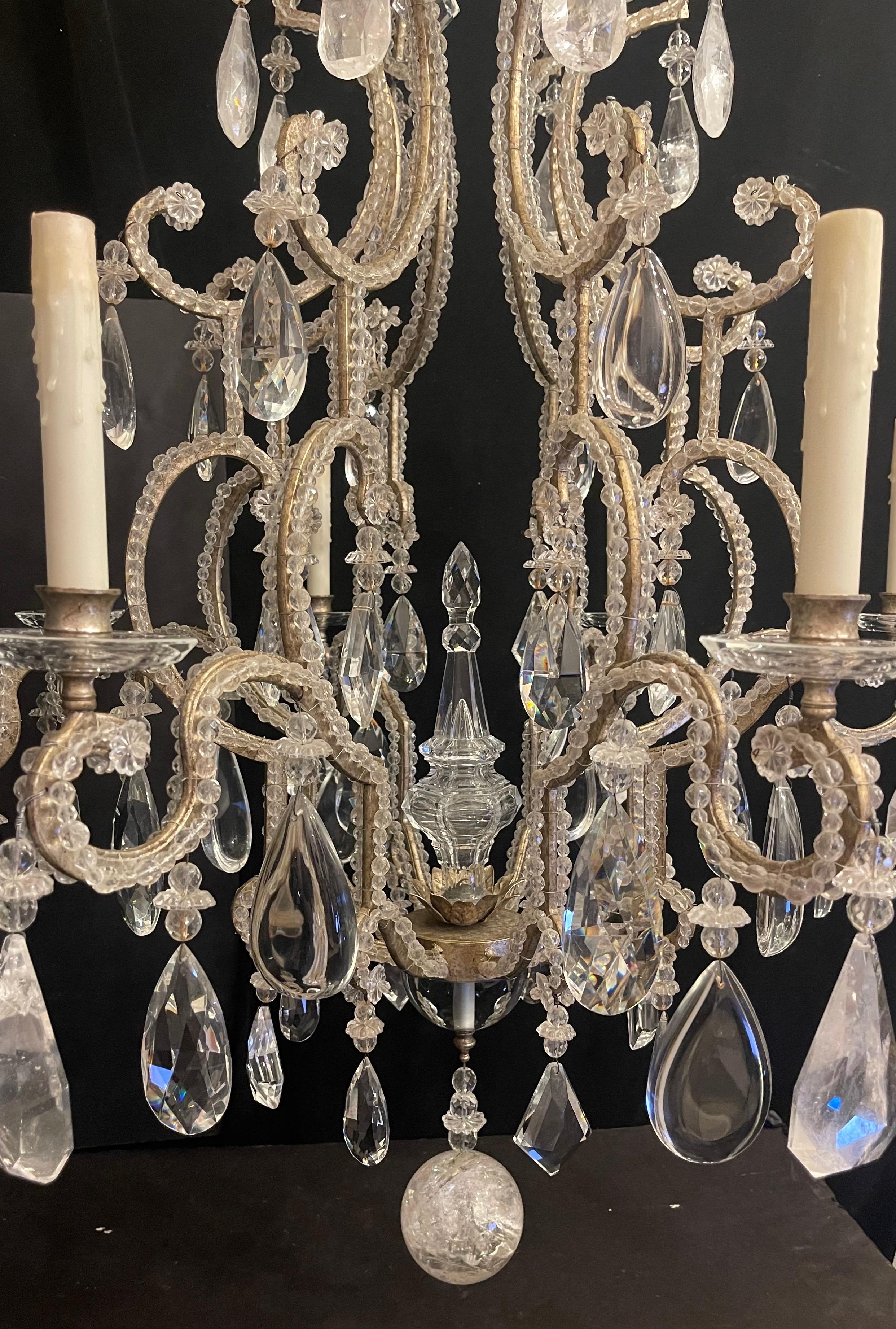 Mid-Century Modern Maison Baguès Gilt Beaded Rock Crystal Large Chandelier In Good Condition For Sale In Roslyn, NY