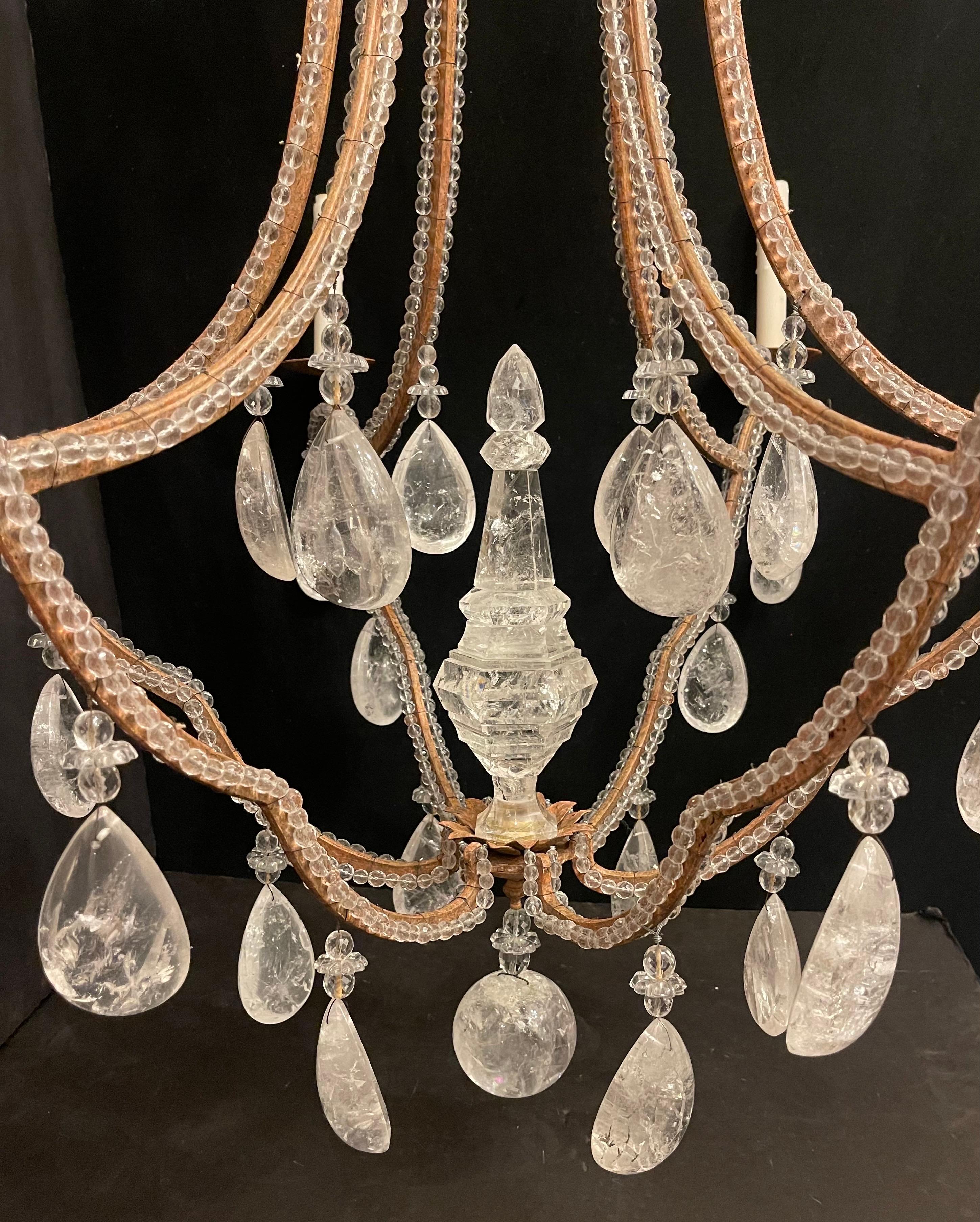 20th Century Mid-Century Modern Maison Baguès Gilt Beaded Rock Crystal Large Chandelier For Sale