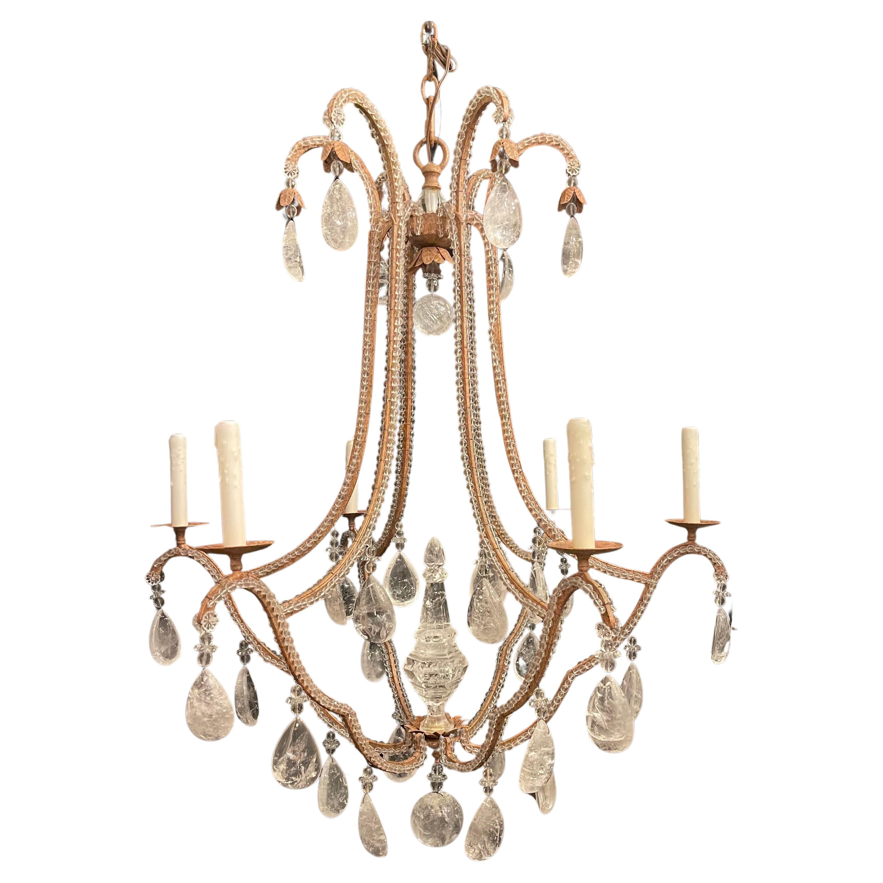 Mid-Century Modern Maison Baguès Gilt Beaded Rock Crystal Large Chandelier