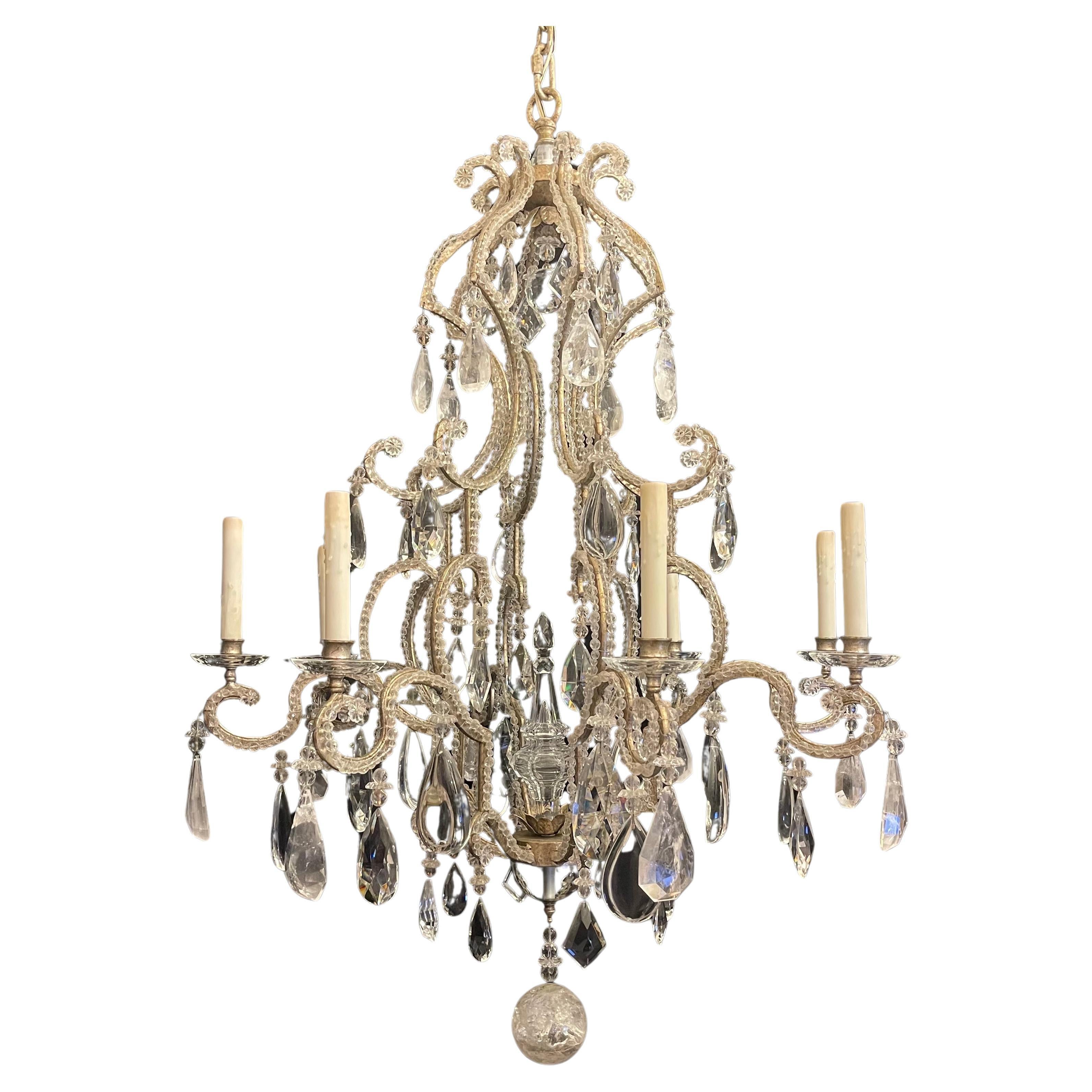 Mid-Century Modern Maison Baguès Gilt Beaded Rock Crystal Large Chandelier For Sale