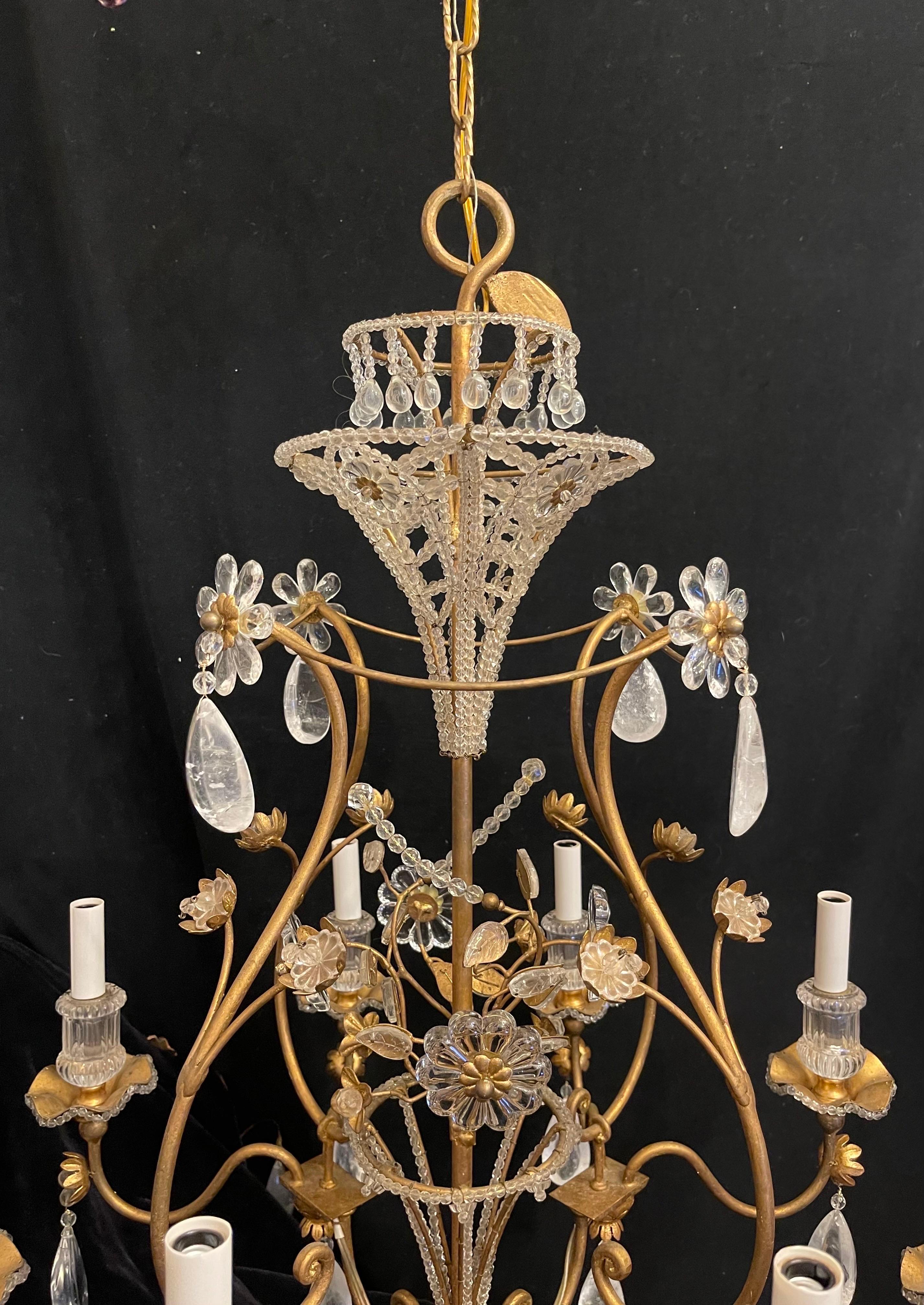 A Wonderful Mid-Century Modern Maison Baguès Style Gold Gilt With Beaded Basket And Flowers Leading To Rock Crystal Drops Large 8 Candelabra Light Chandelier.