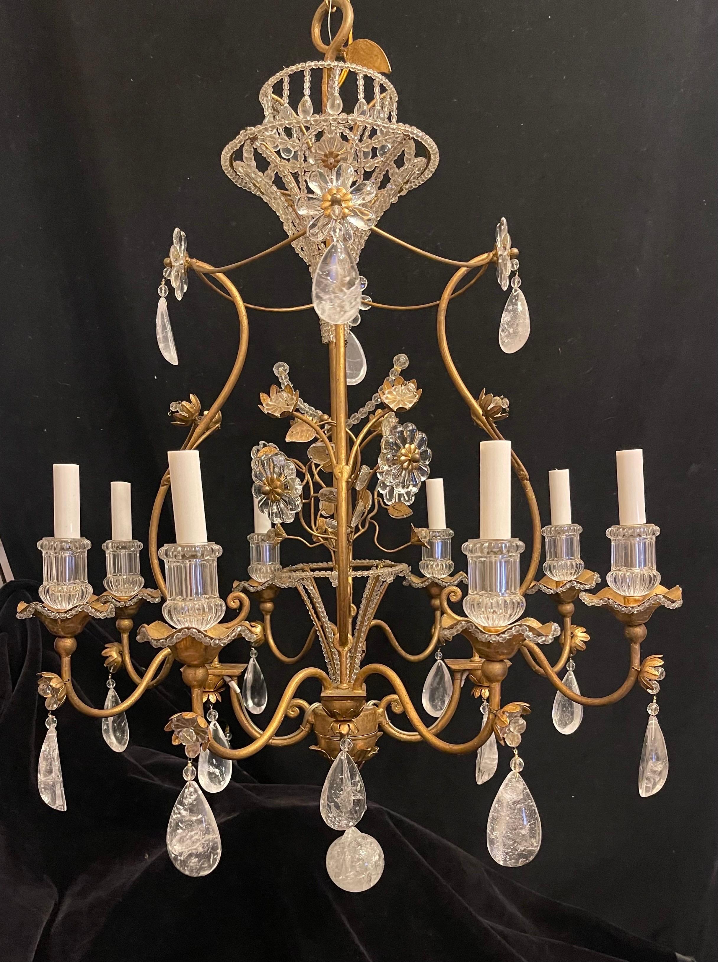 Mid-Century Modern Maison Baguès Gold Gilt Beaded Basket Rock Crystal Chandelier In Good Condition For Sale In Roslyn, NY