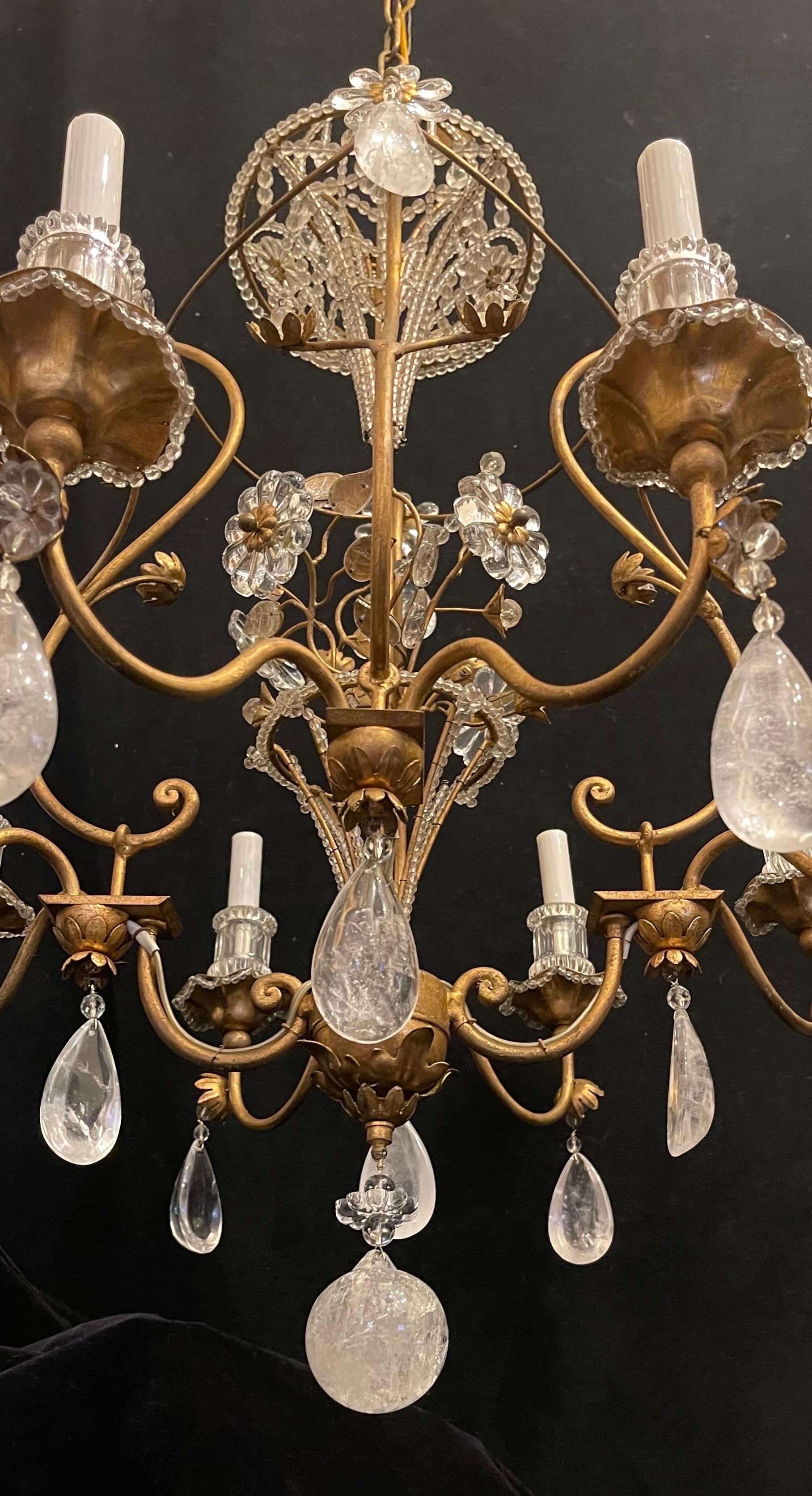 Mid-Century Modern Maison Baguès Gold Vergoldet Perlen Korb Bergkristall Kronleuchter im Zustand „Gut“ im Angebot in Roslyn, NY