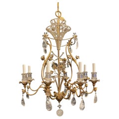 Mid-Century Modern Maison Baguès Gold Gilt Beaded Basket Rock Crystal Chandelier
