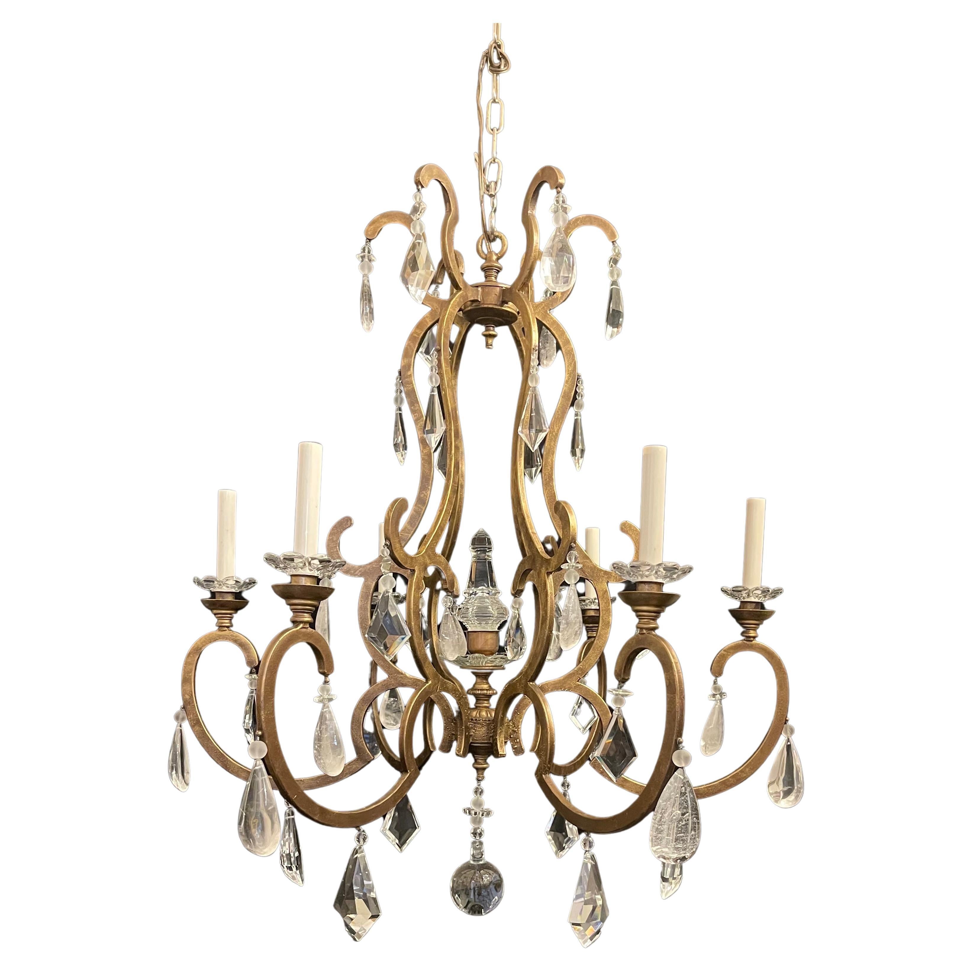 A Wonderful Mid-Century Modern Maison Baguès Style Gold Gilt With Beading And Alternating Crystal & Rock Crystal On A Large Bird Cage Form Chandelier Having 6 Candelabra Sockets That Have Been Rewired And Comes With Chain, Canopy And Mounting