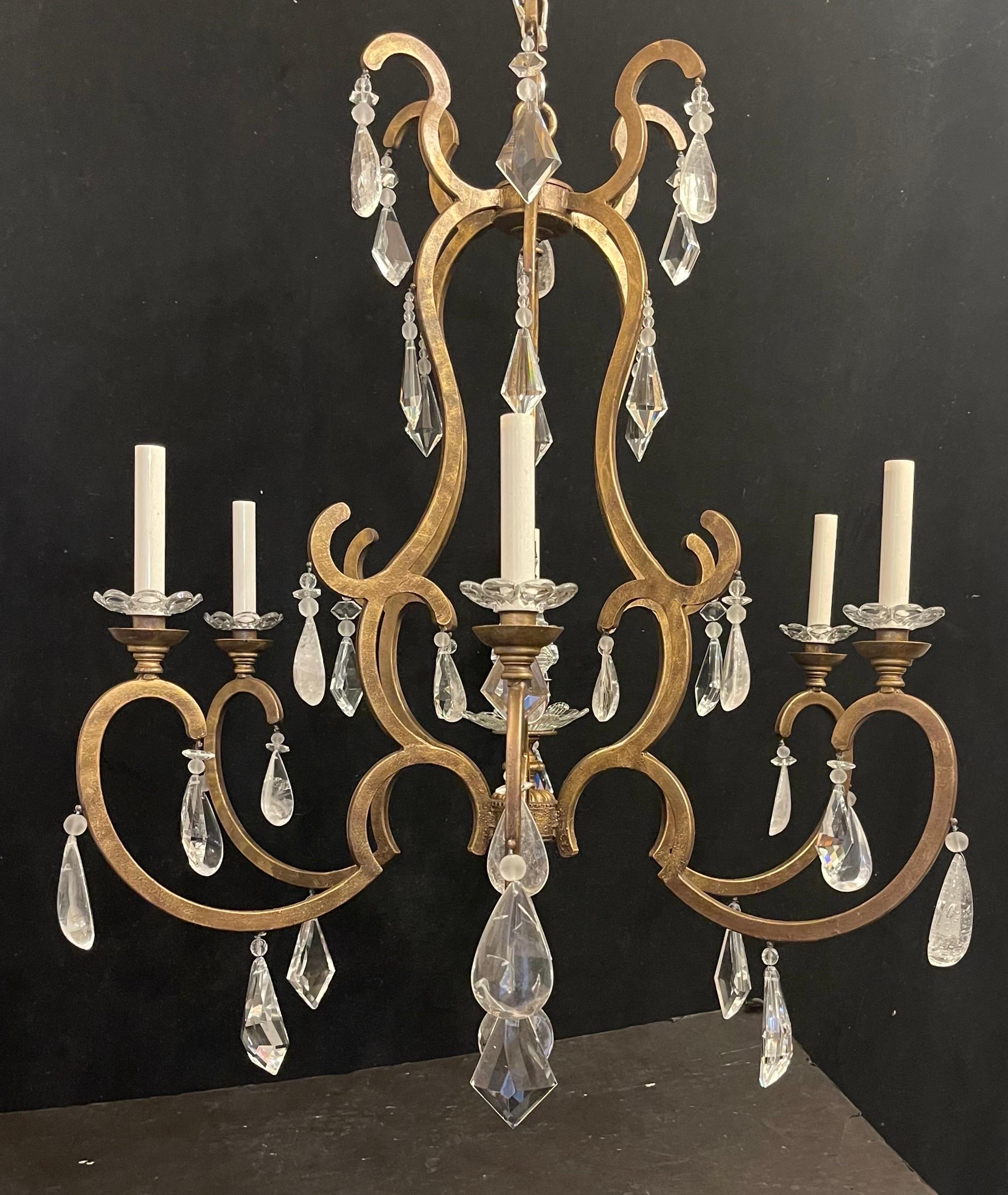 Mid-Century Modern Maison Baguès Gold Gilt Beaded Rock Crystal Large Chandelier In Good Condition In Roslyn, NY