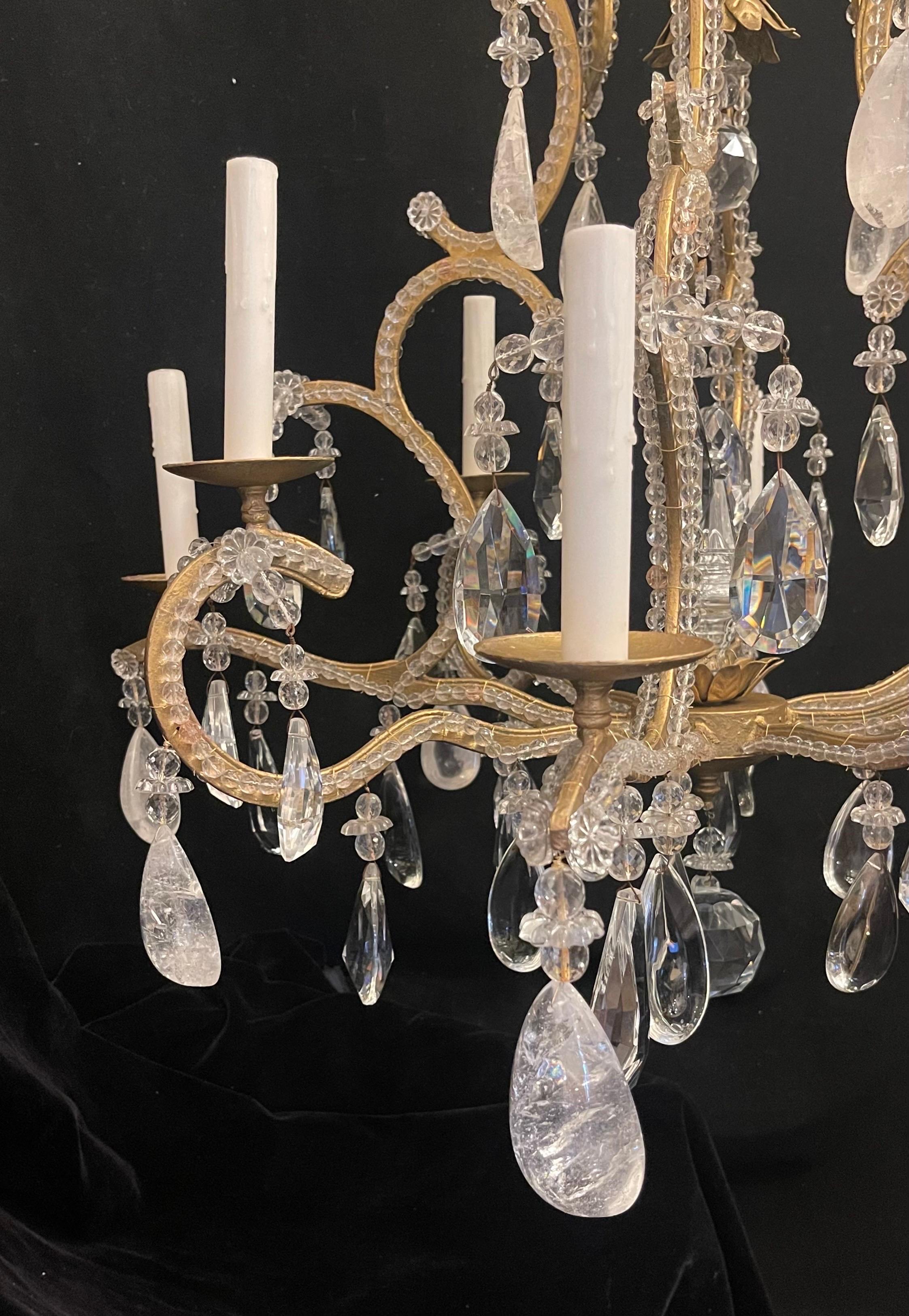 Mid-Century Modern Maison Baguès Gold Gilt Beaded Rock Crystal Large Chandelier In Good Condition For Sale In Roslyn, NY