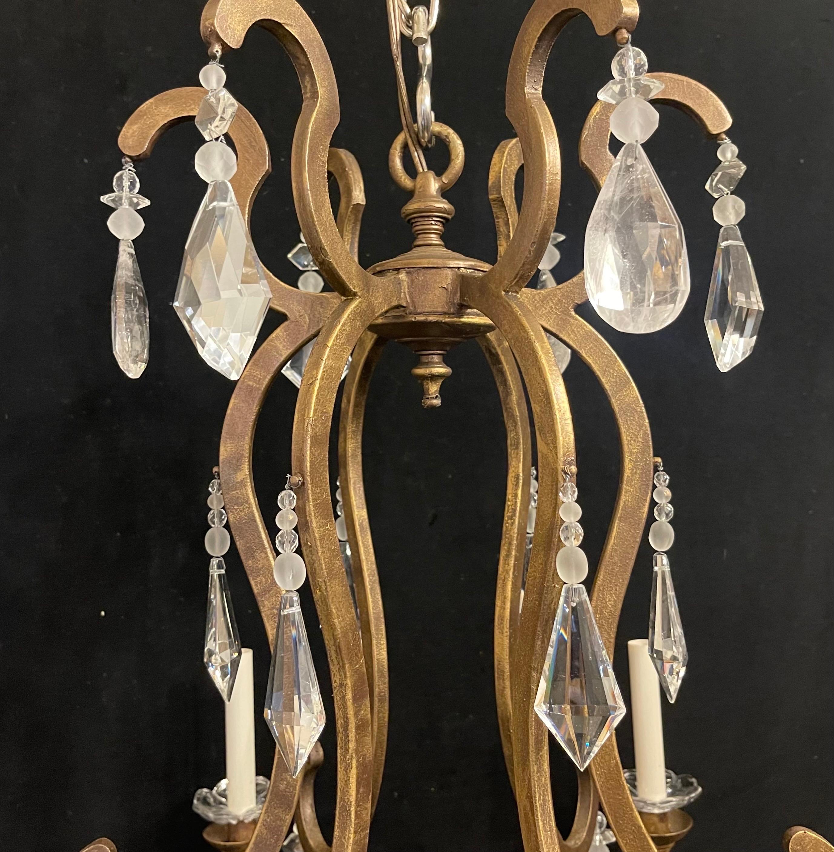 Mid-Century Modern Maison Baguès Gold Gilt Beaded Rock Crystal Large Chandelier 1