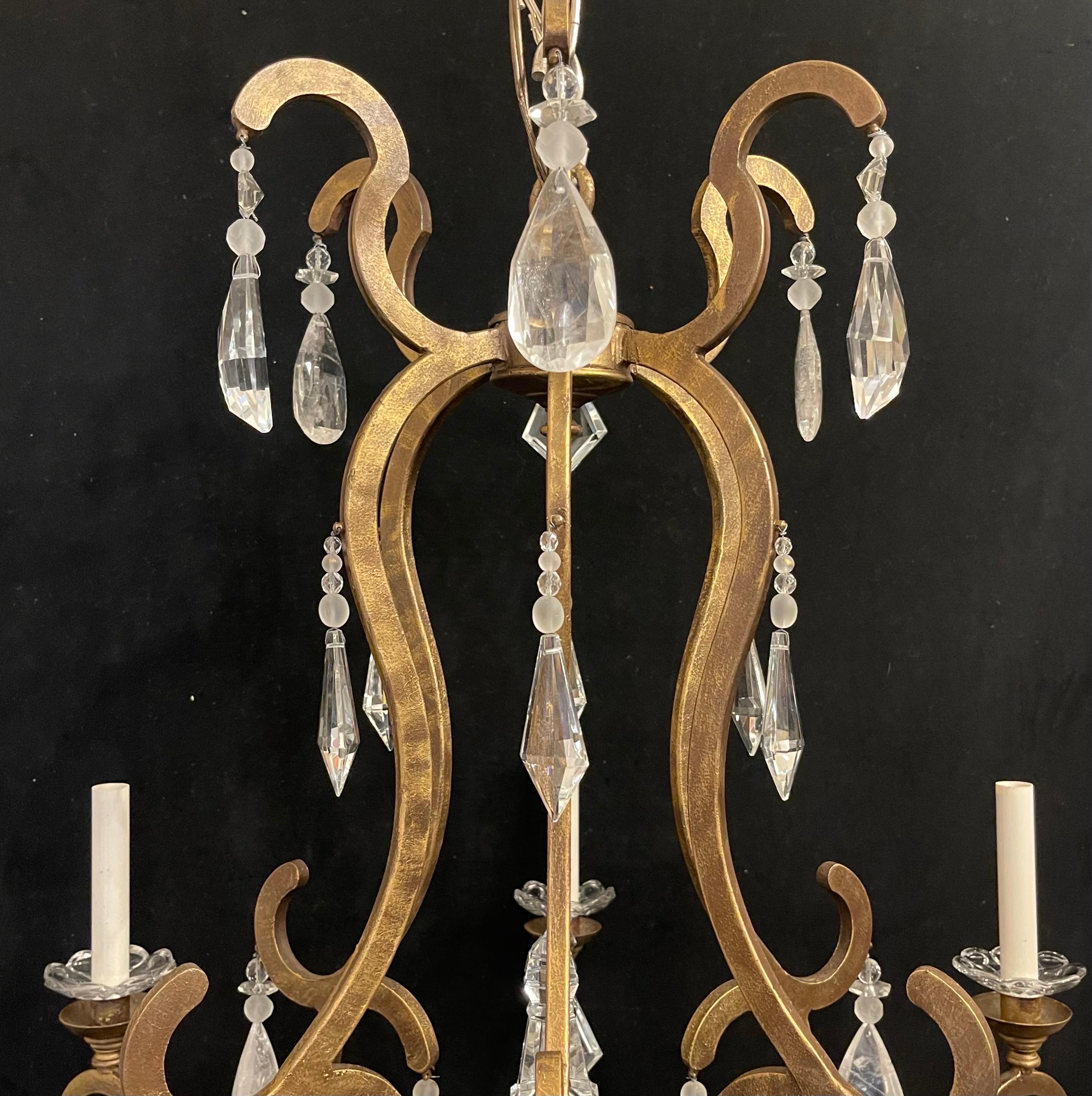 Mid-Century Modern Maison Baguès Gold Gilt Beaded Rock Crystal Large Chandelier 2