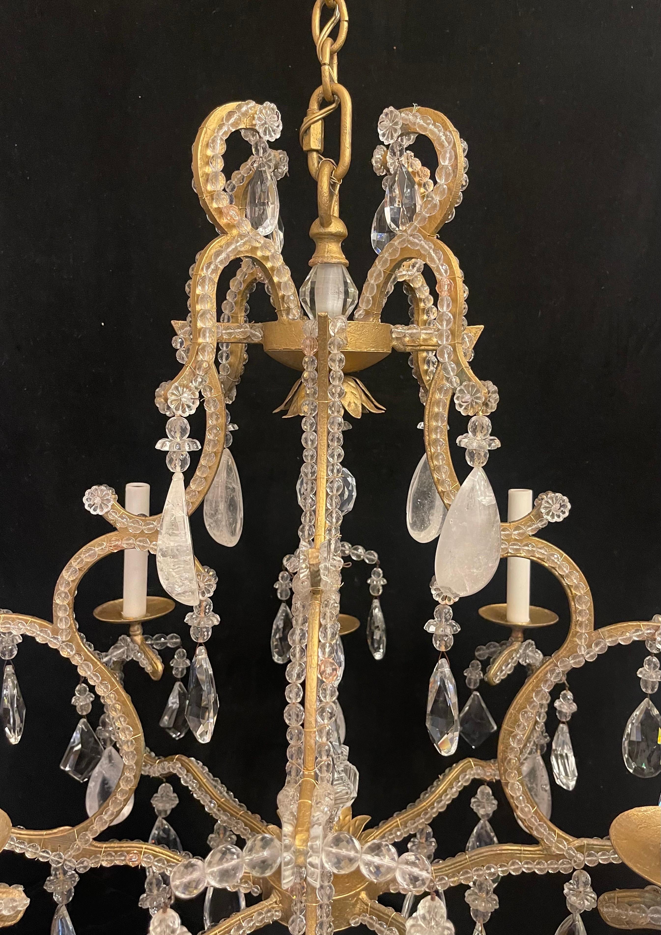 Mid-Century Modern Maison Baguès Gold Gilt Beaded Rock Crystal Large Chandelier For Sale 2