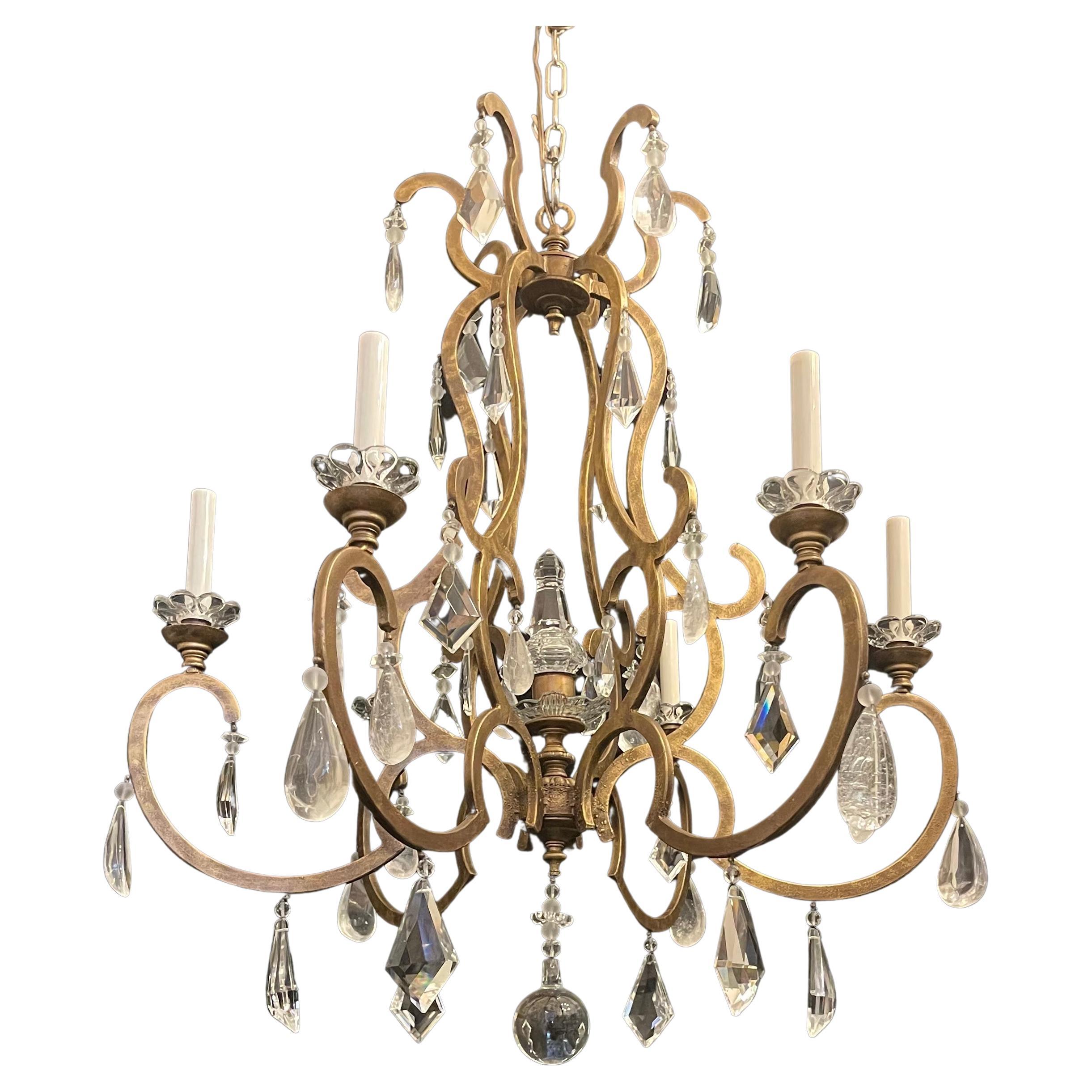 Mid-Century Modern Maison Baguès Gold Gilt Beaded Rock Crystal Large Chandelier