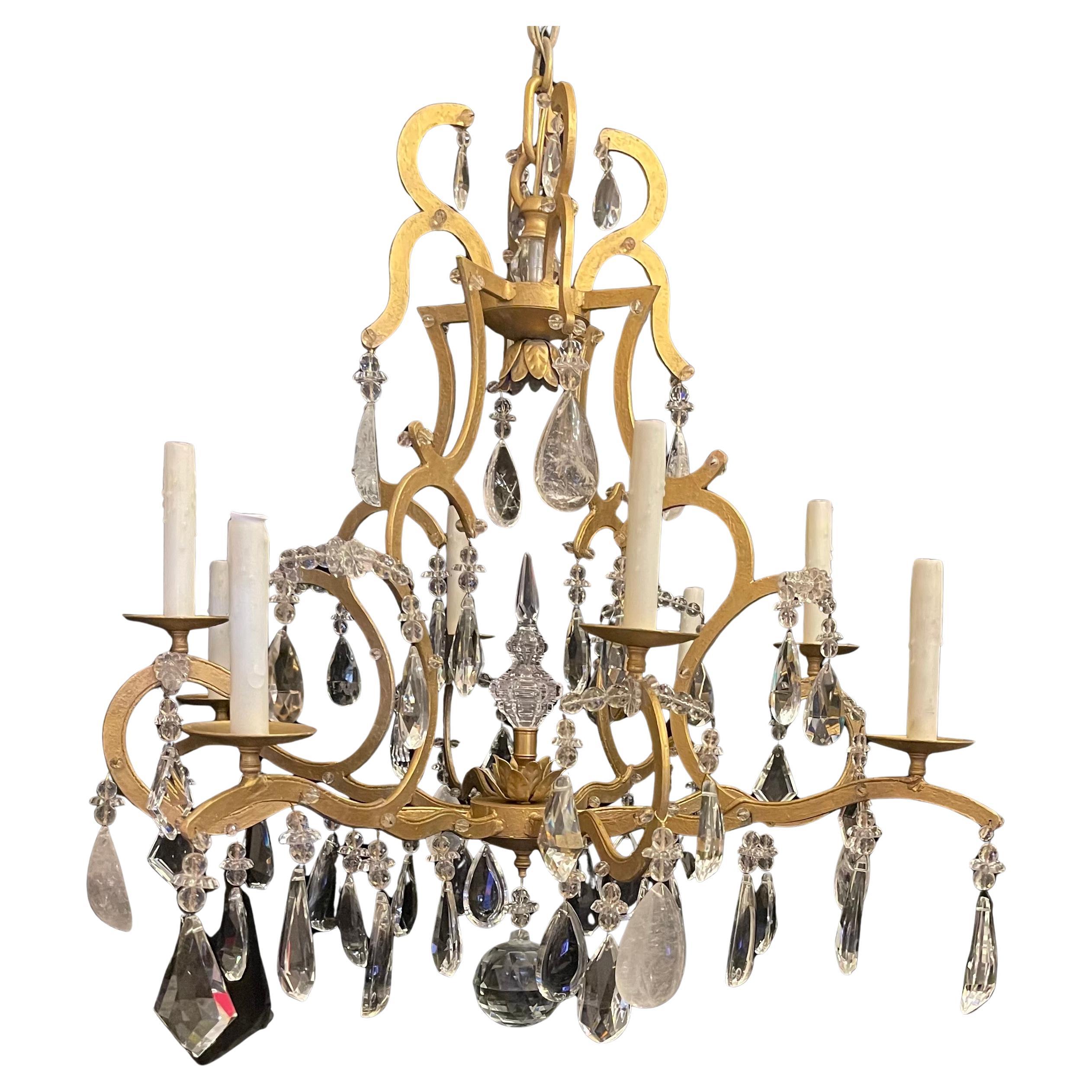 Mid-Century Modern Maison Baguès Gold Gilt Beaded Rock Crystal Large Chandelier