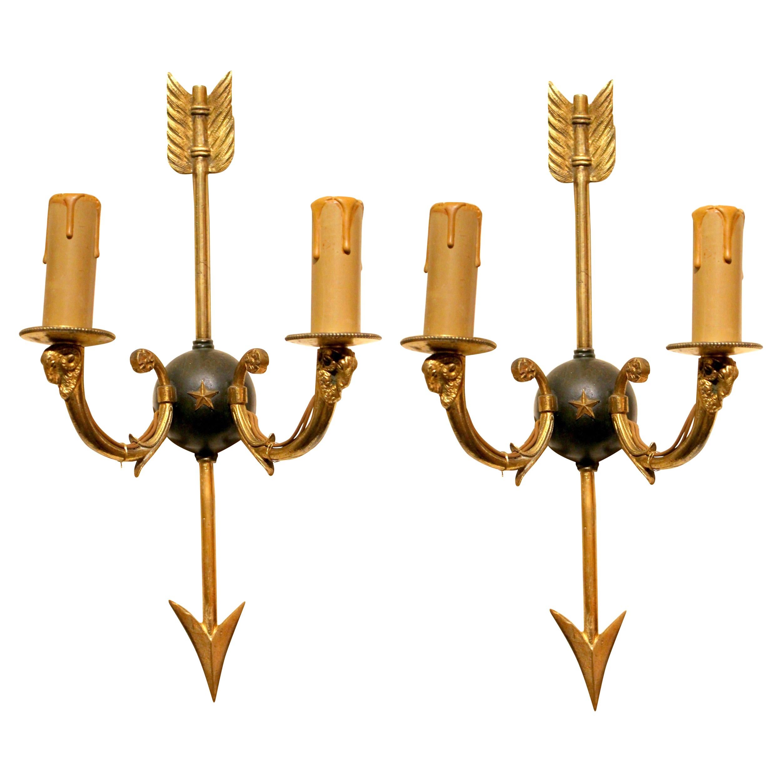 Mid-Century Modern Maison Bagues Style Wall Sconces Arrow and Rams Head Design For Sale