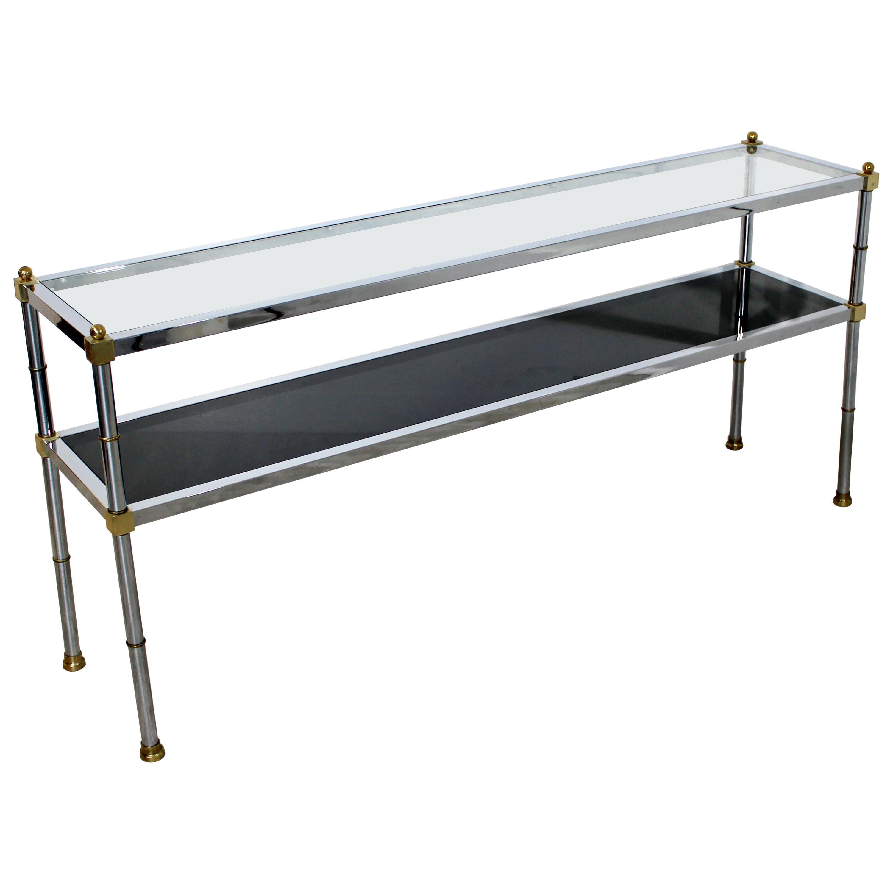 Mid-Century Modern Maison Jansen 2-Tier Console Sofa Table Chrome Brass Glass