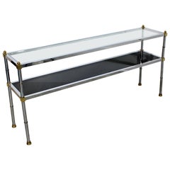 Mid-Century Modern Maison Jansen 2-Tier Console Sofa Table Chrome Brass Glass