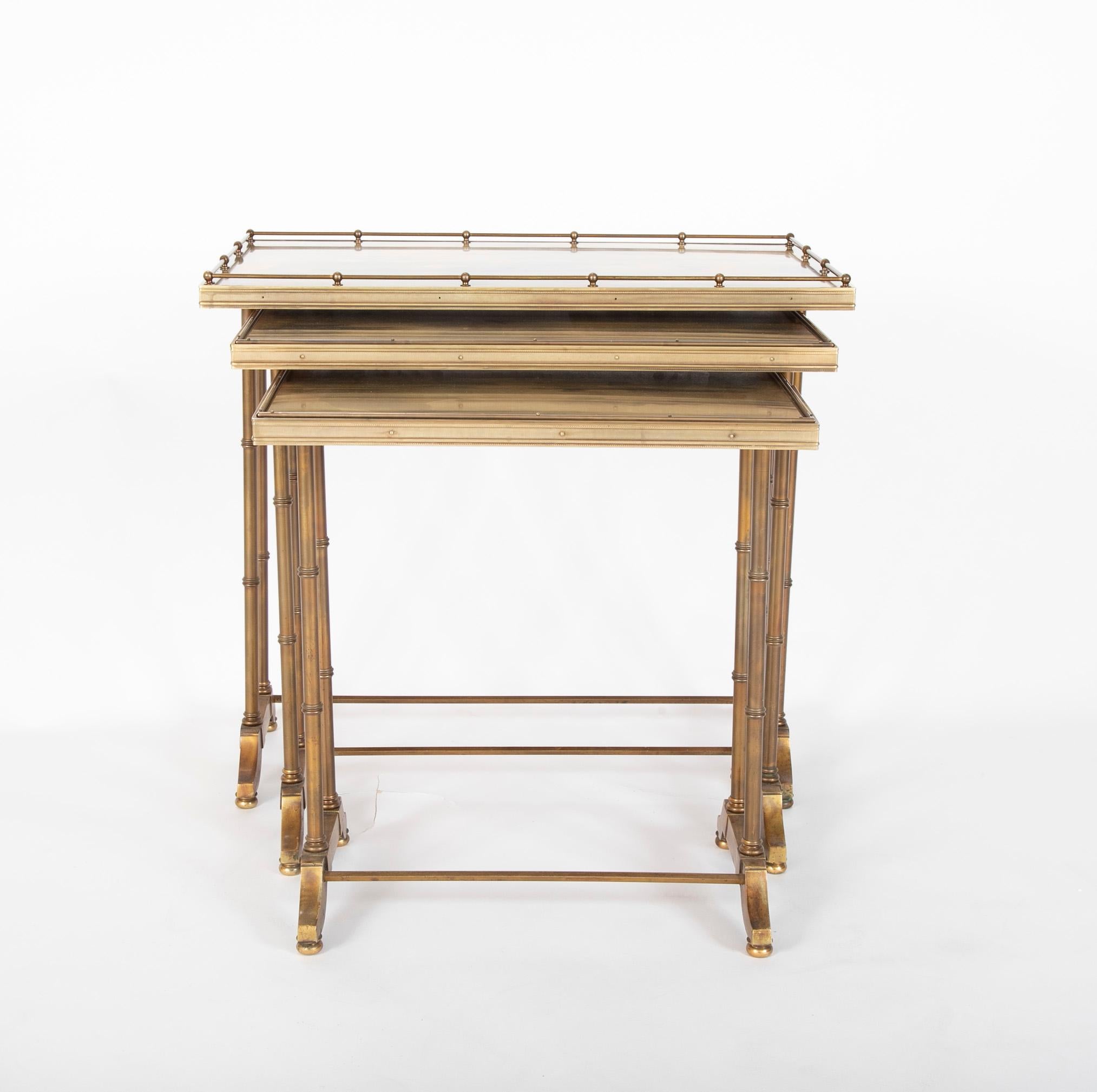 Patinated Mid-Century Modern Maison Jansen Brass Nesting Tables, Set of Three